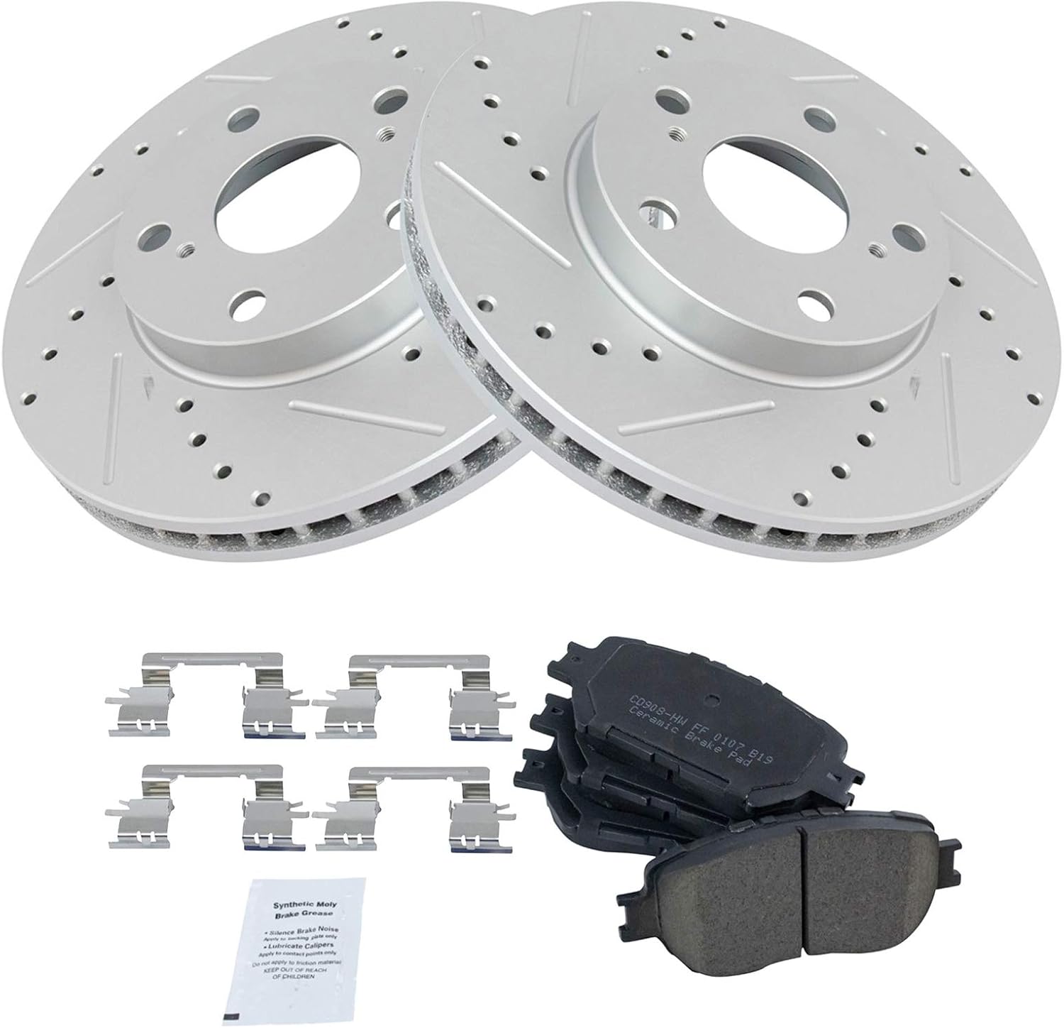 TRQ Performance Front Brake Pad and Rotor Set Ceramic Coated Drilled Slotted Vented Rotors Compatible with 2002-2006 Toyota Camry