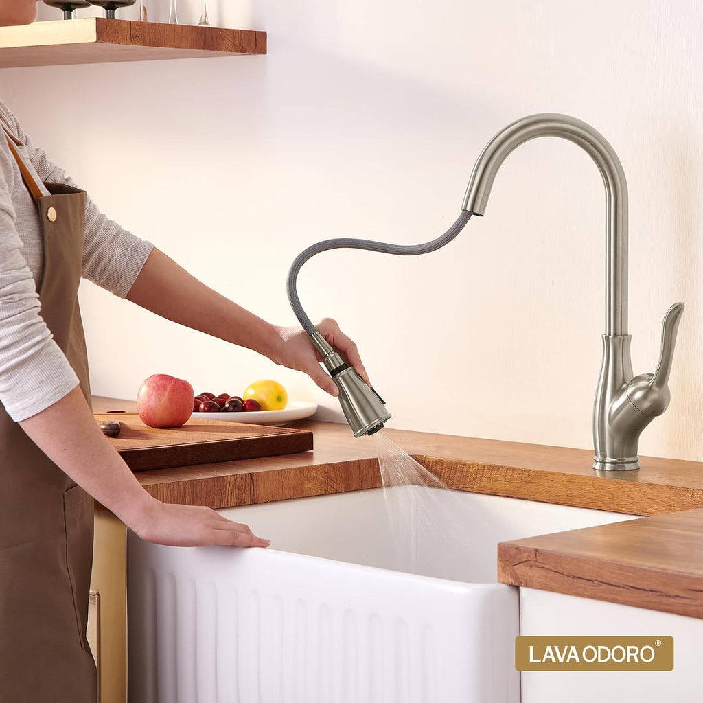 Lava Odoro Kitchen Faucet with Pull Down Sprayer, Brushed Nickel Kitchen Sink Faucet with Magnetic Docking Spray 3-Function, Brass Faucet for Kitchen Sink 1 Hole and 3 Hole with Deck Plate, KF271-BN