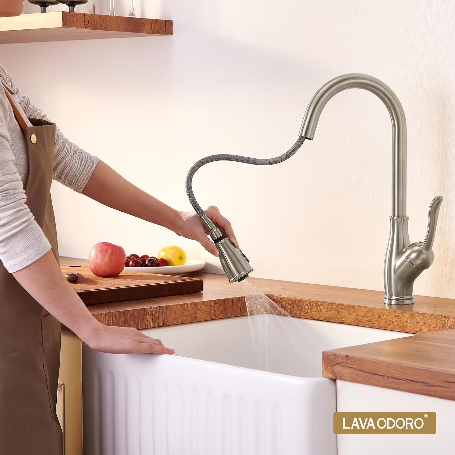 Lava Odoro Kitchen Faucet with Pull Down Sprayer, Brushed Nickel Kitchen Sink Faucet with Magnetic Docking Spray 3-Function, Brass Faucet for Kitchen Sink 1 Hole and 3 Hole with Deck Plate, KF271-BN