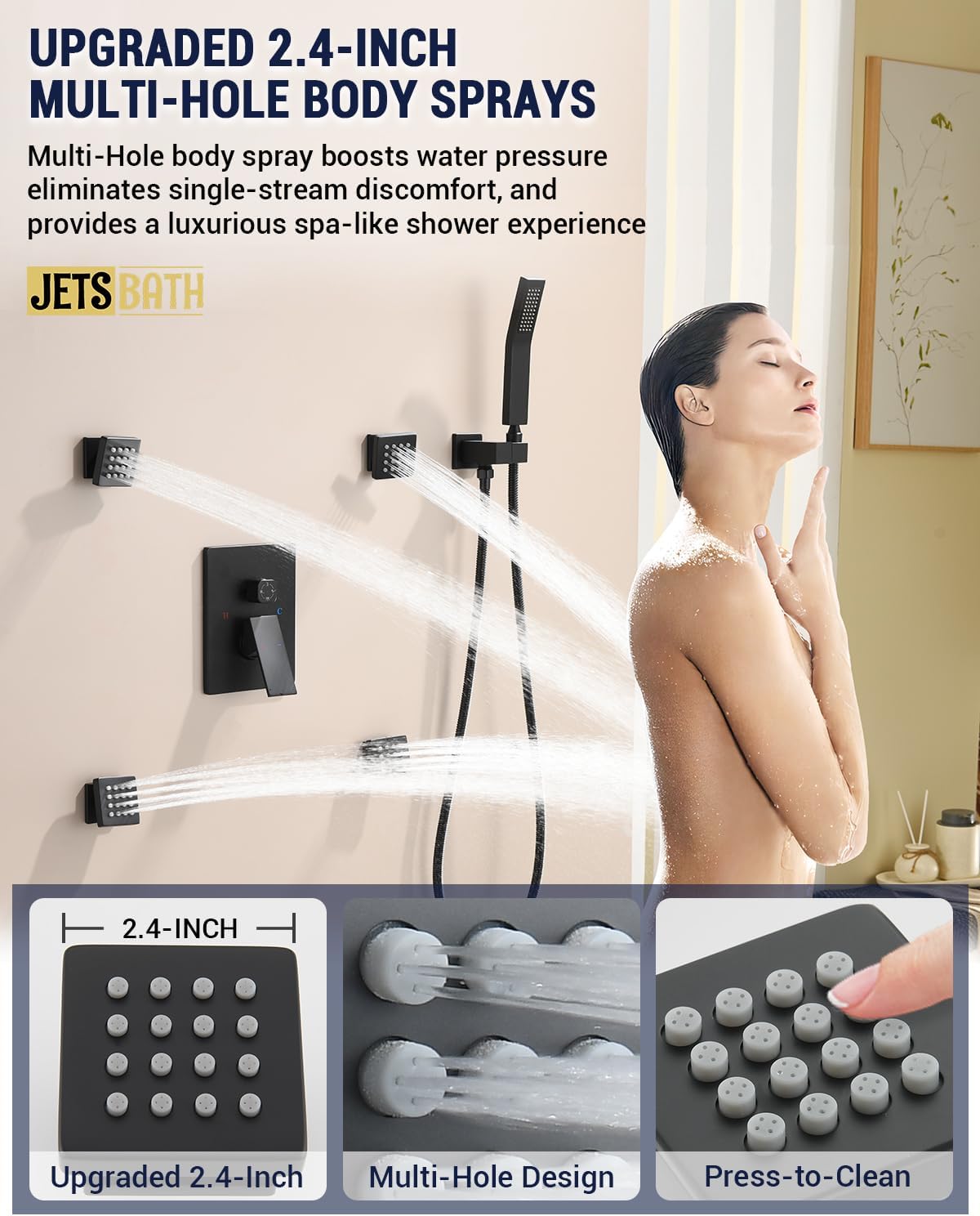 Dual Rainfall Shower Head System with 4 Body Jets, JetsBath Shower Faucet Set Double Shower Head 6-Inch Shower Head & 12' Rain Shower, Luxury Matte Black Shower Faucet Set,Wall-Mounted Shower System