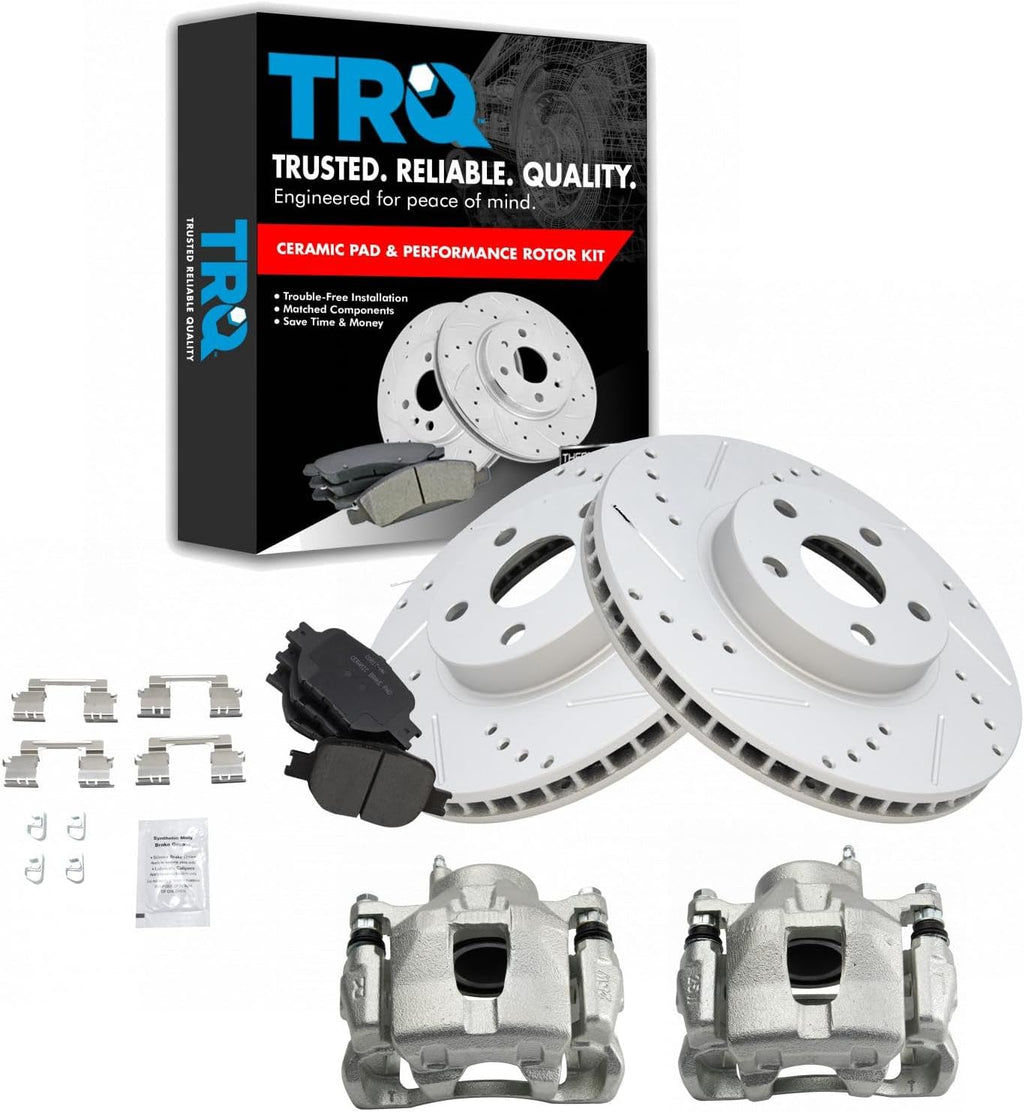 TRQ Performance Front Brake Pad and Rotor Set Ceramic Coated Drilled Slotted Vented Rotors Calipers Compatible with 2005-2010 Scion tC 2000-2005 Toyota Celica