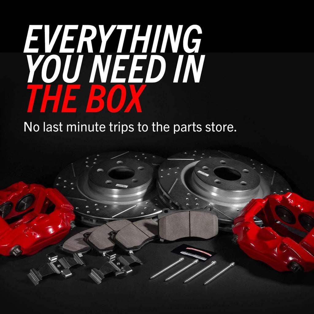 PowerStop Front Brake & Caliper Kit for Toyota Sequoia 2008-15 | Toyota Tundra 2007-15 - Carbon-Fiber Ceramic Brake Pads + Drilled & Slotted Rotors + Red Powder Coated Calipers, KC2952A