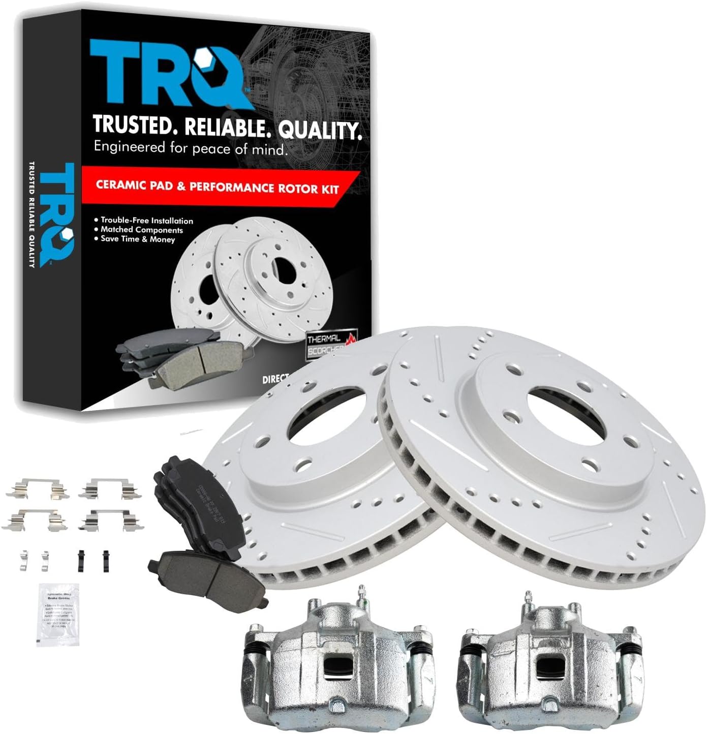TRQ Performance Front Brake Pad and Rotor Set Ceramic Vented Coated Rotors Calipers Compatible with 2008-2011 2008-2016 Mitsubishi Lancer