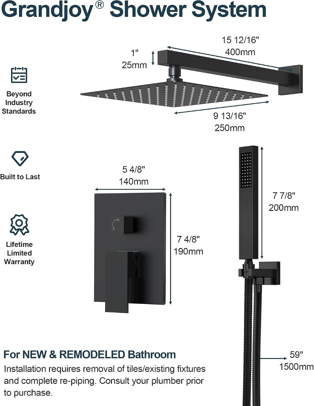 10 Inch Shower Faucet Set, High Pressure Rainfall Shower Head and Handheld Sprayer Combo, Matte Black