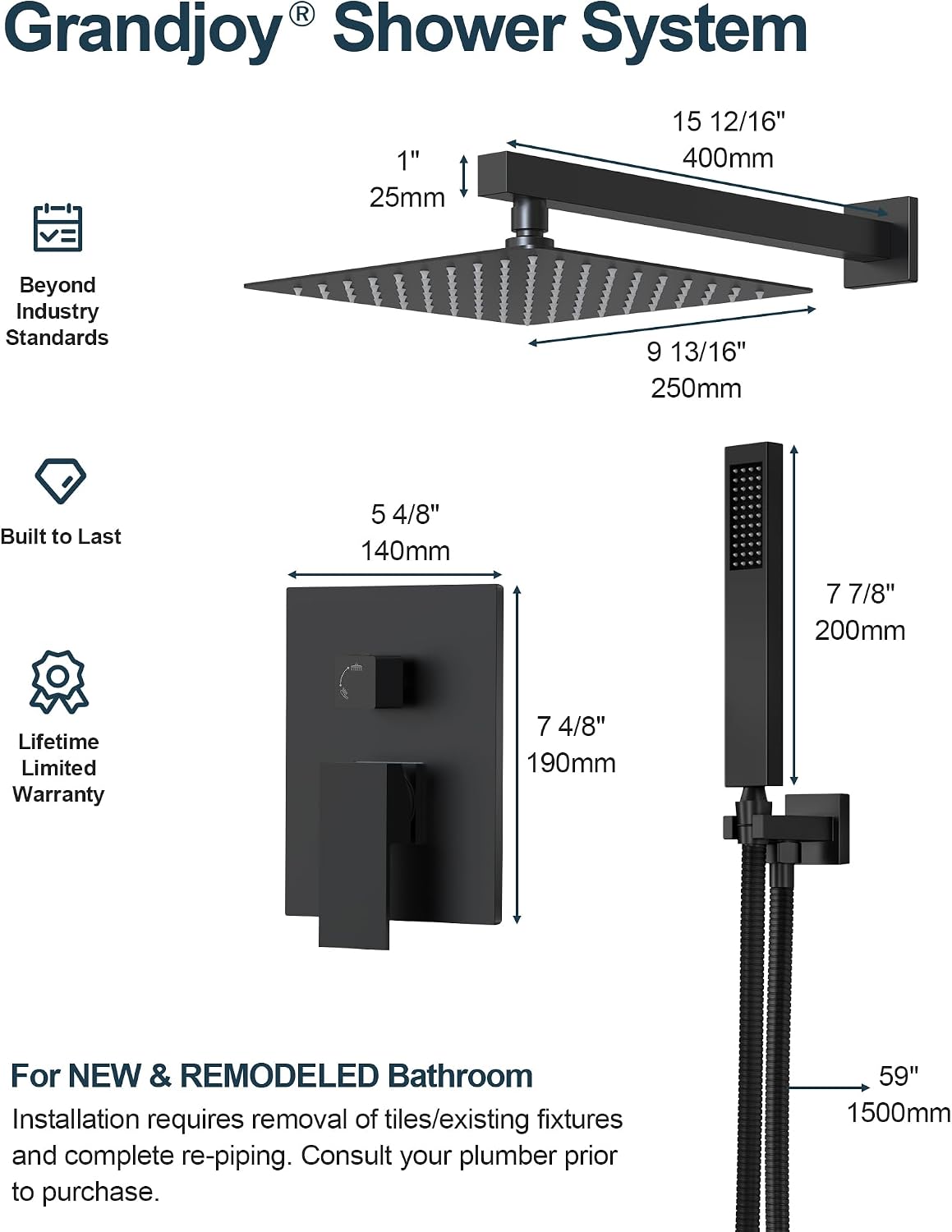 10 Inch Shower Faucet Set, High Pressure Rainfall Shower Head and Handheld Sprayer Combo, Matte Black
