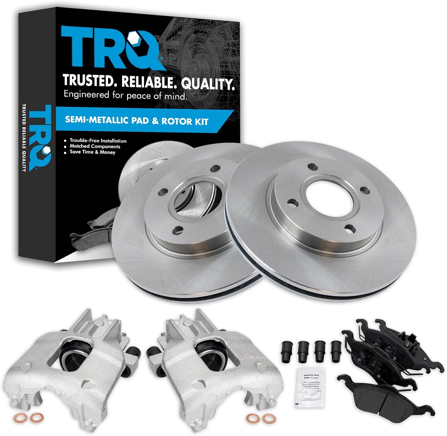 TRQ Front Brake Pad and Rotor Set Semi Metallic Vented Rotors Calipers Compatible with 2000-2004 Ford Focus