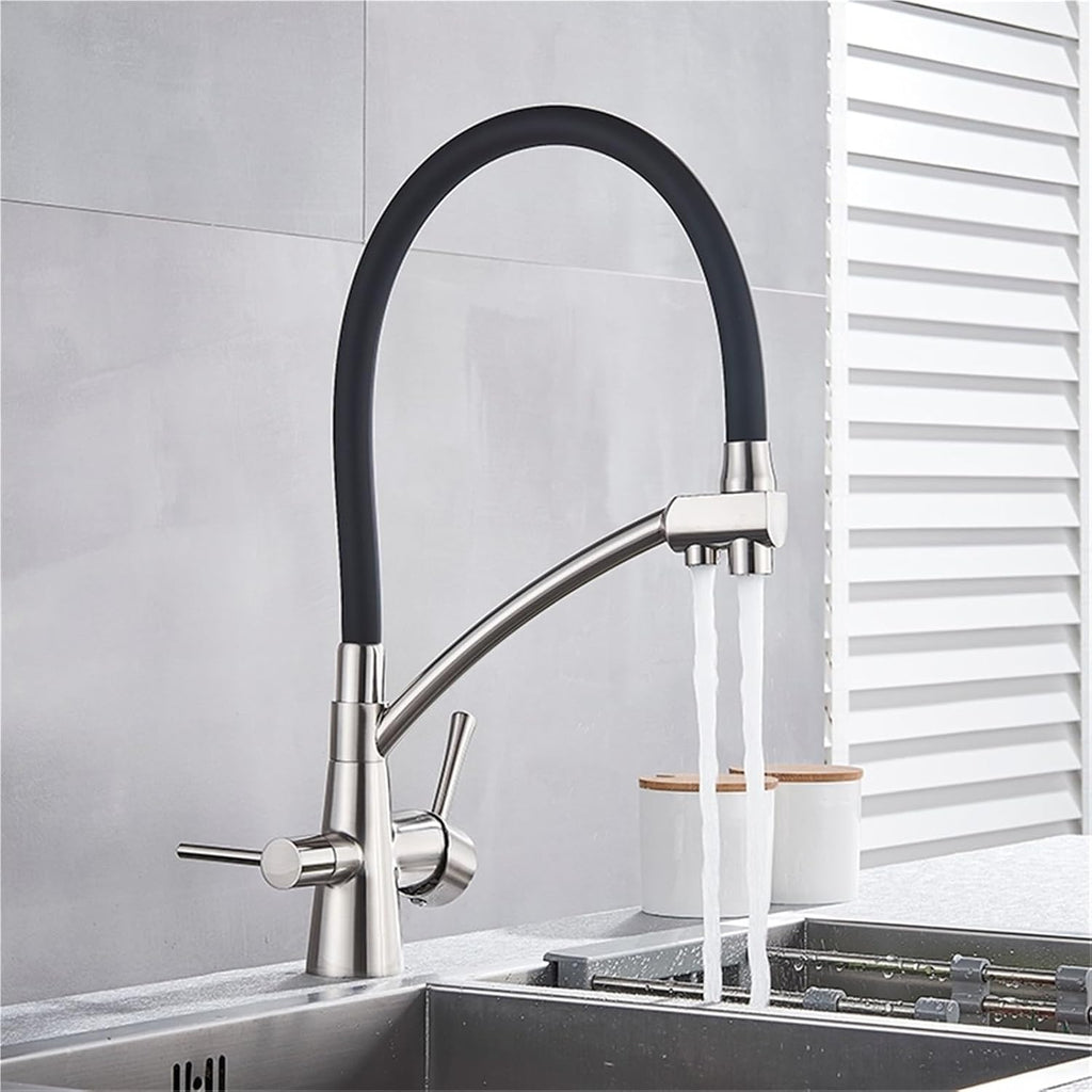 Filter Purification Flexible Rotated Kitchen Faucet Dual Spout Dual Handles Mixer Tap Hot and Cold Pure Water Mixer(Brushed Nickle A)