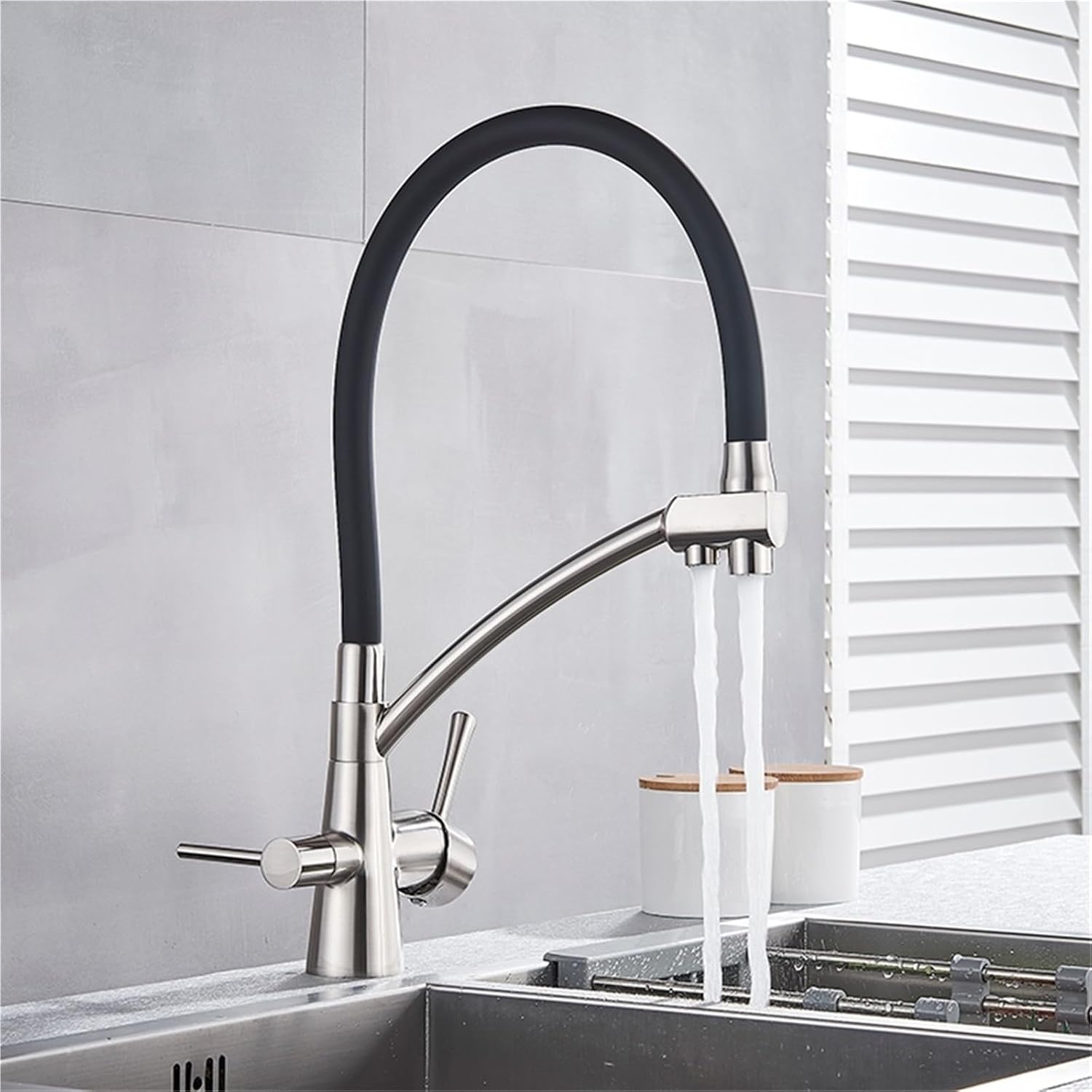 Filter Purification Flexible Rotated Kitchen Faucet Dual Spout Dual Handles Mixer Tap Hot and Cold Pure Water Mixer(Brushed Nickle A)