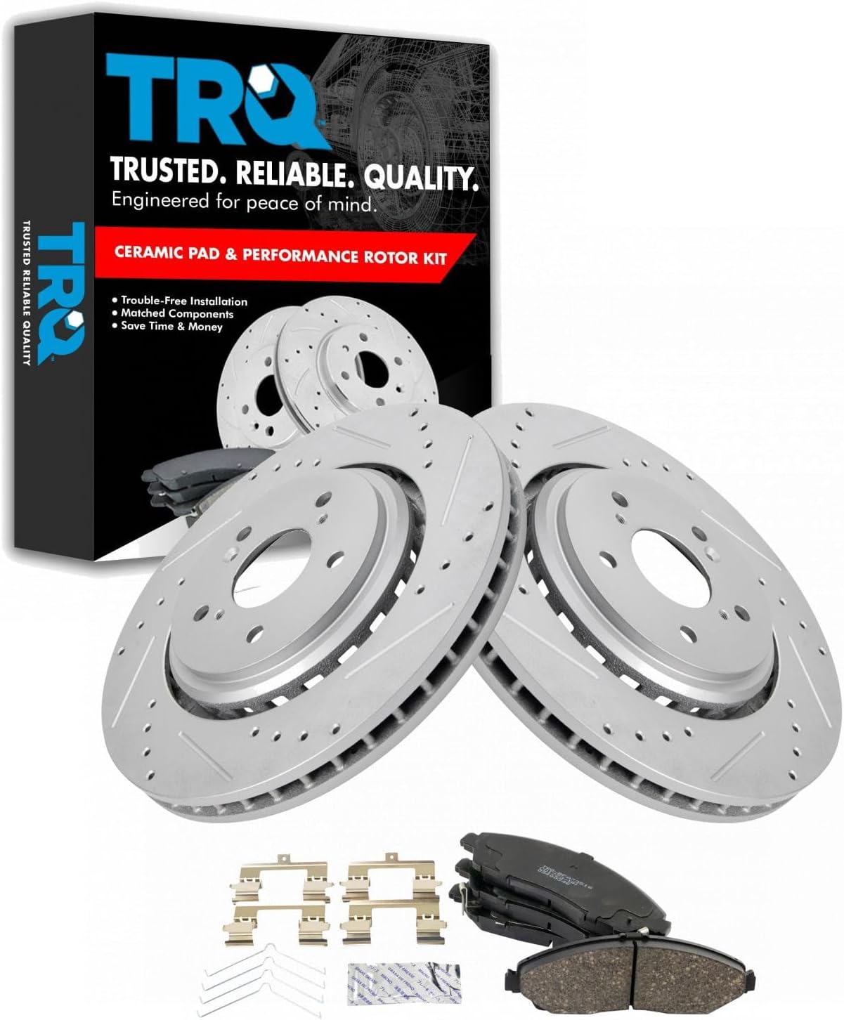 TRQ Performance Front Brake Pad and Rotor Set Ceramic Coated Drilled Slotted Rotors Compatible with 2014-2016 Acura MDX