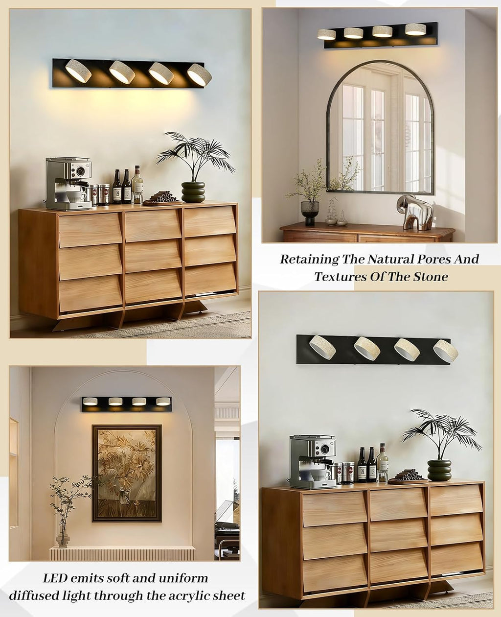 Travertine Vanity Light, 19.7 Inch Nordic Style Farmhouse Vanity Lights with 360° Rotatable Natural Stone Lampshade and Black Metal Base Wabi Sabi Vanity Lights Fixture for Bathroom (4 Lights)