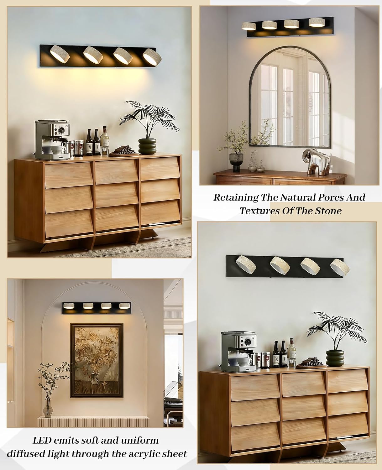 Travertine Vanity Light, 19.7 Inch Nordic Style Farmhouse Vanity Lights with 360° Rotatable Natural Stone Lampshade and Black Metal Base Wabi Sabi Vanity Lights Fixture for Bathroom (4 Lights)