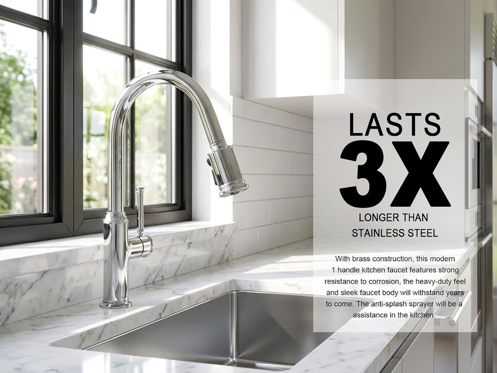 Lava Odoro Chrome Kitchen Faucet with Pull Down Sprayer, Single Hole Kitchen Sink Faucet, Single Handle Kitchen Faucet with 2-Function Sprayer, Deck Plate Included, 1.8 GPM, KF421-C