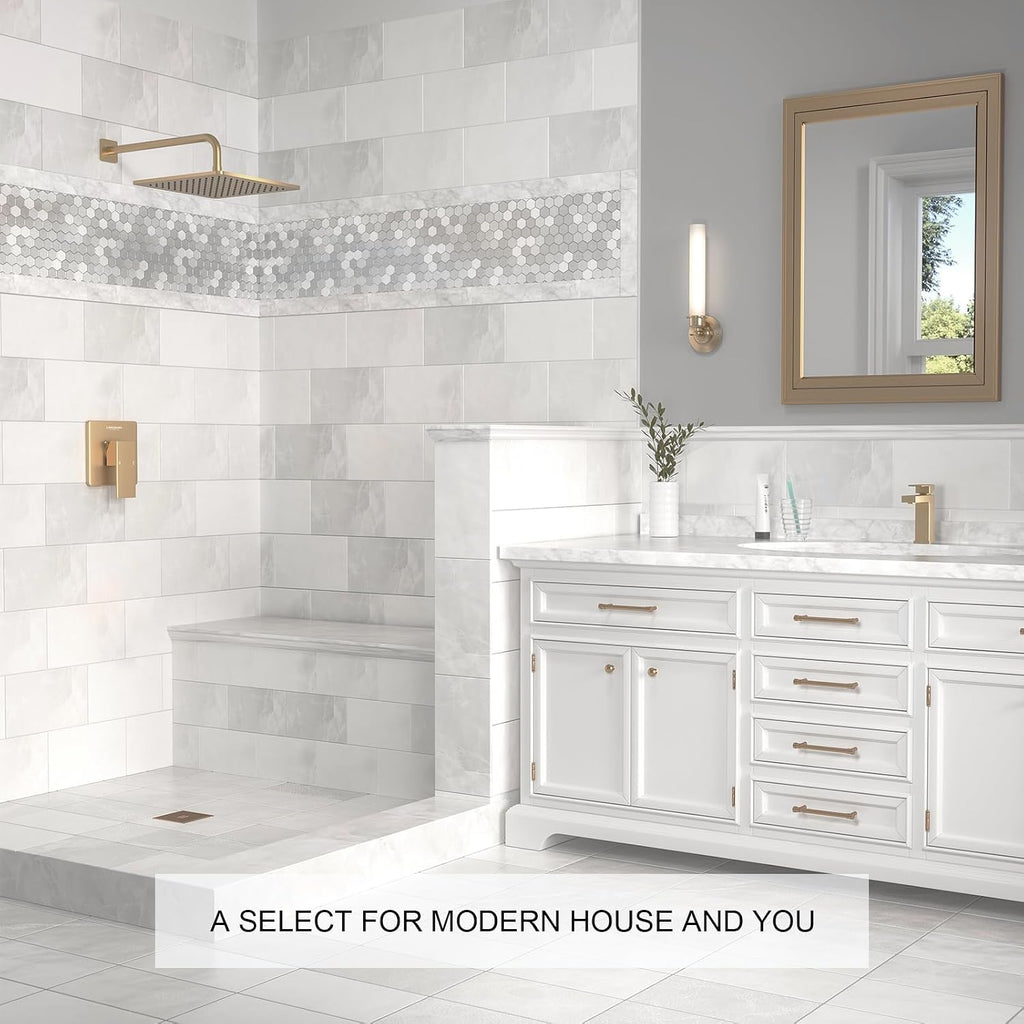 Lava Odoro 12-inch Modern Square Shower Faucet Set Champagne Gold, Shower Trim Kit with Rough-in Valve High Pressure Gold Rainfall Shower Head and Handle Set, (Valve Included), SF106-CB