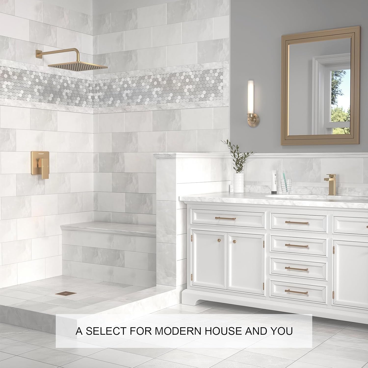 Lava Odoro 12-inch Modern Square Shower Faucet Set Champagne Gold, Shower Trim Kit with Rough-in Valve High Pressure Gold Rainfall Shower Head and Handle Set, (Valve Included), SF106-CB