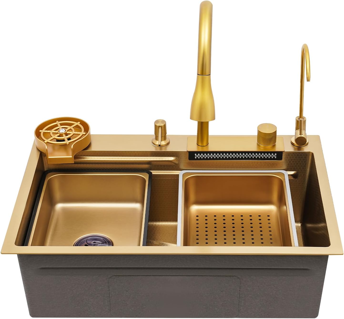 Multifunctional Kitchen Waterfall Sink, Gold Stainles Steel Kitchen Sink Double Sliding Rail, Double Bowl Sink with 3-Mode Cold & Hot Water Faucet 26.77x18.11x8.66in for Kitchen Bar Hotel(Gold)