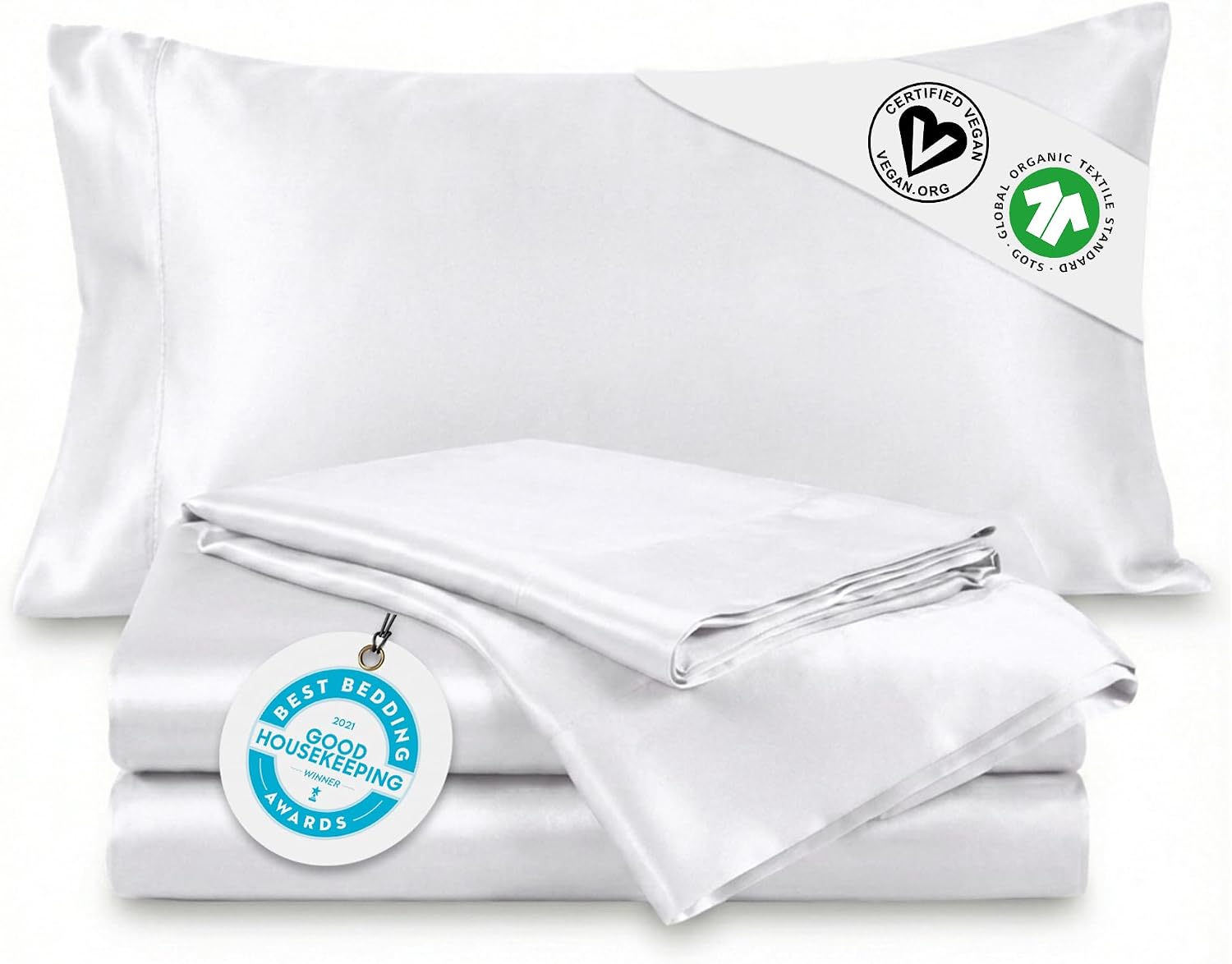 Delilah Home 100% Organic Cotton Full Bed Sheet Set, GOTS & Vegan.org Verified, Long Stem 300 TC Sateen Bedding, Non-Synthetic, Deep Pocket Fitted Linen, Lightweight, All-Season, 3 Piece Set - White