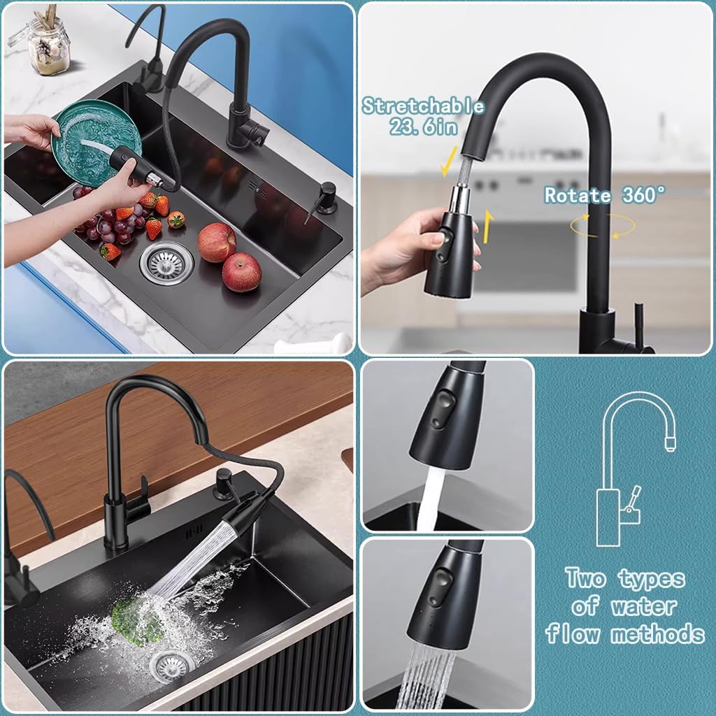 19.7 x 17.7 Inch Black Single Bowl Sink with faucet,Large Capacity Stainless Steel Drop In Kitchen Sink,Topmount Utility Workstation Sink With Multiple Accessories