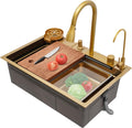Multifunctional Kitchen Waterfall Sink, Gold Stainles Steel Kitchen Sink Double Sliding Rail, Double Bowl Sink with 3-Mode Cold & Hot Water Faucet 26.77x18.11x8.66in for Kitchen Bar Hotel(Gold)