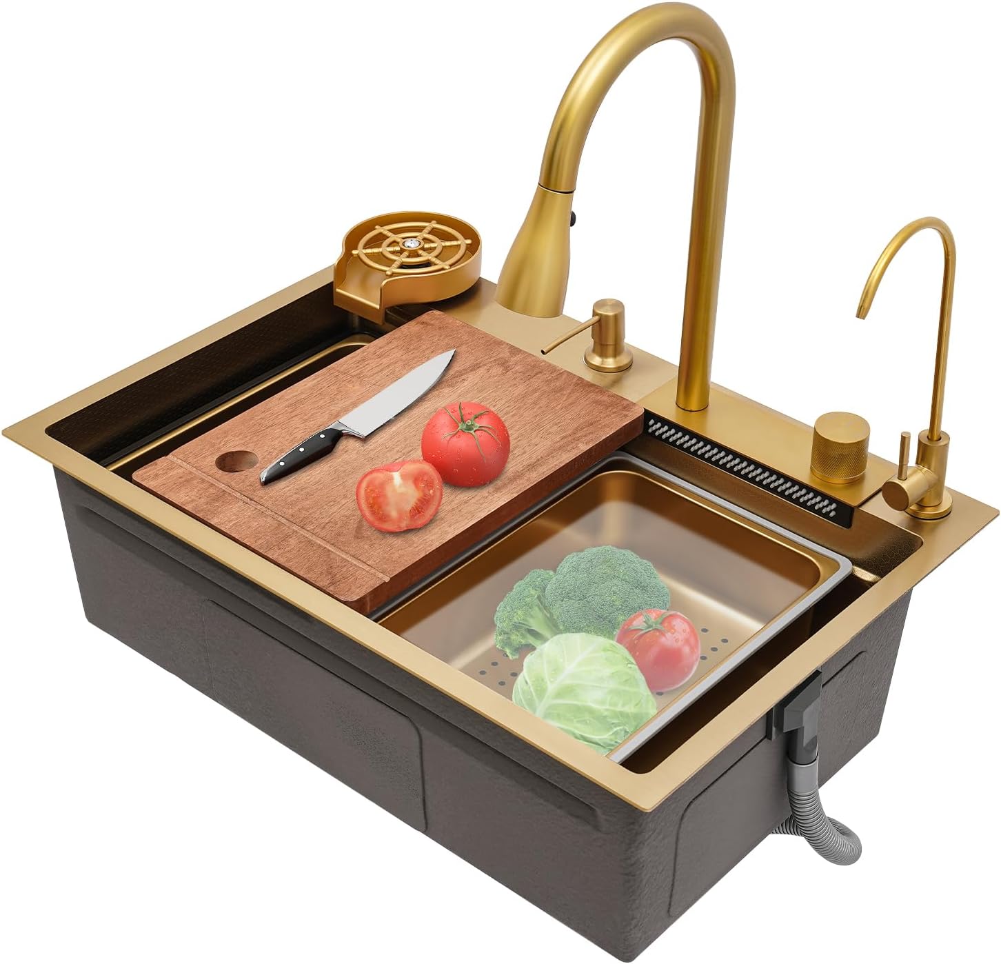 Multifunctional Kitchen Waterfall Sink, Gold Stainles Steel Kitchen Sink Double Sliding Rail, Double Bowl Sink with 3-Mode Cold & Hot Water Faucet 26.77x18.11x8.66in for Kitchen Bar Hotel(Gold)