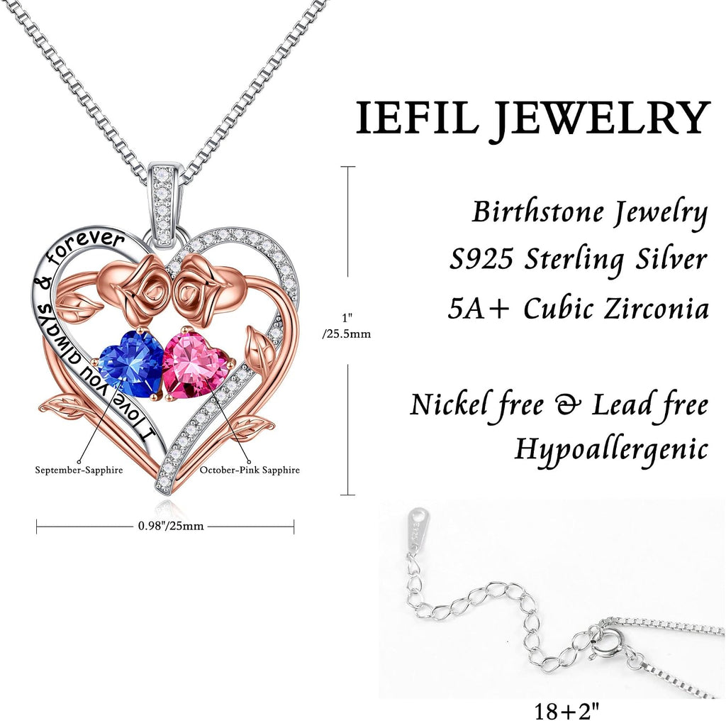 Iefil Rose Heart Double Birthstone Necklace Gifts for Wife Girlfriend Her Women, Birthstone Jewelry Gemstone Birthday Gifts for Mom Grandma Her Wife Women
