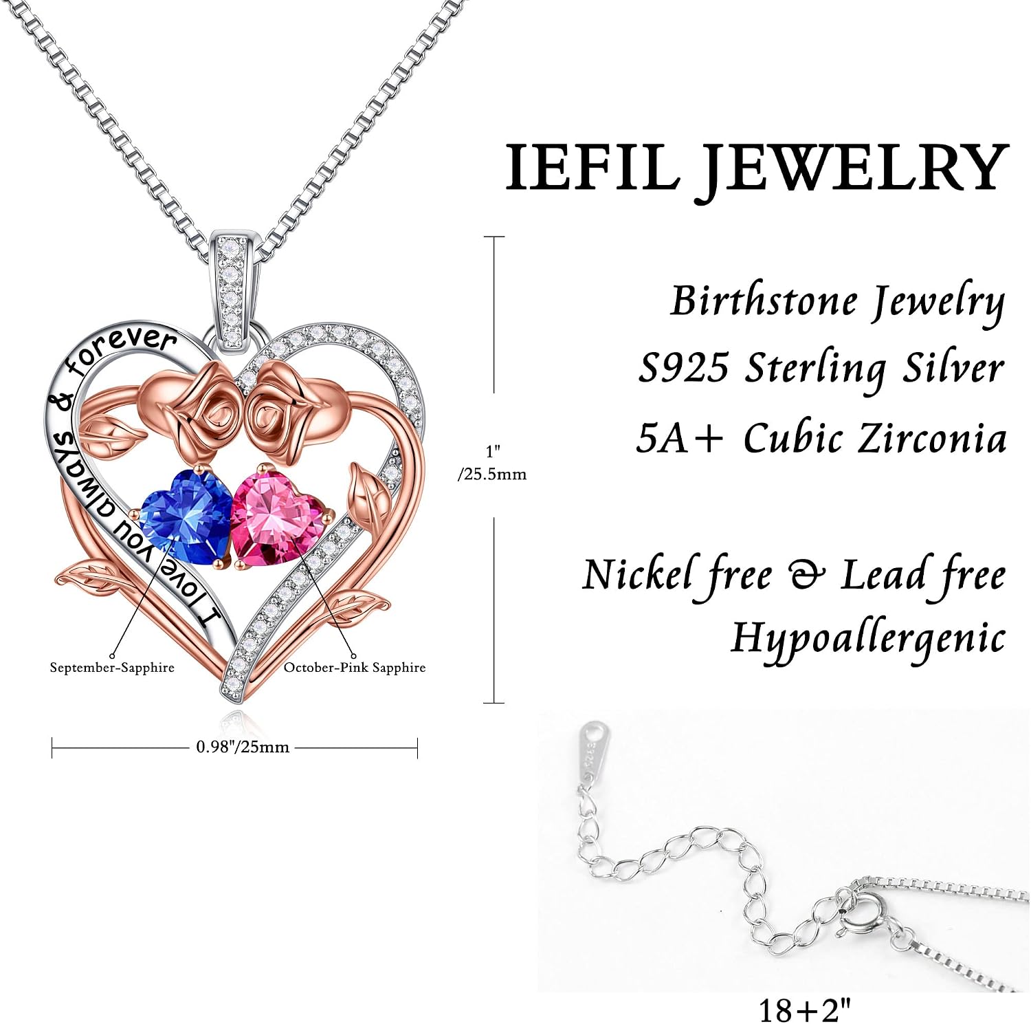 Iefil Rose Heart Double Birthstone Necklace Gifts for Wife Girlfriend Her Women, Birthstone Jewelry Gemstone Birthday Gifts for Mom Grandma Her Wife Women