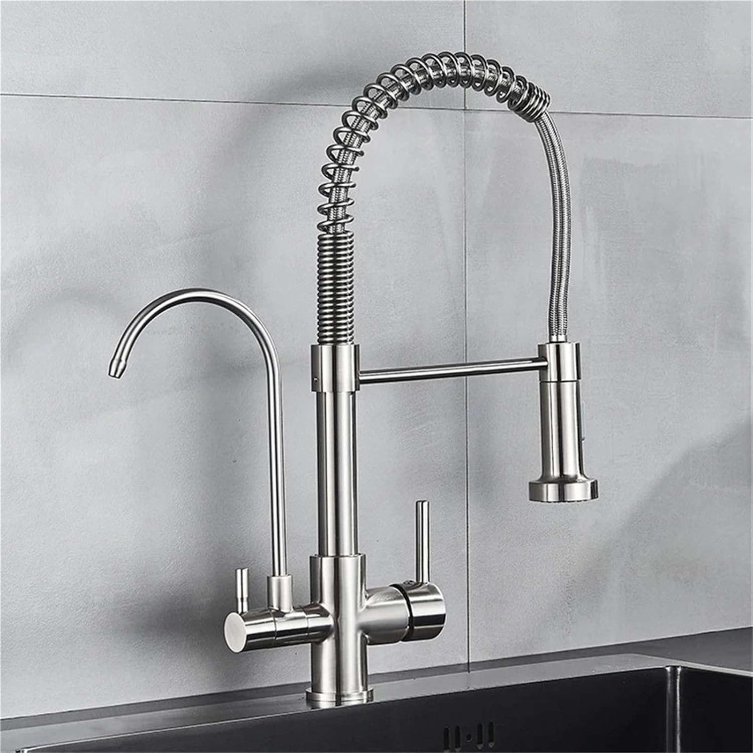Filtered Faucet Purified Water Faucet for Kitchen Double Handles Single Hole Cold Hot Water Mixer Taps(Brushed Nickel)