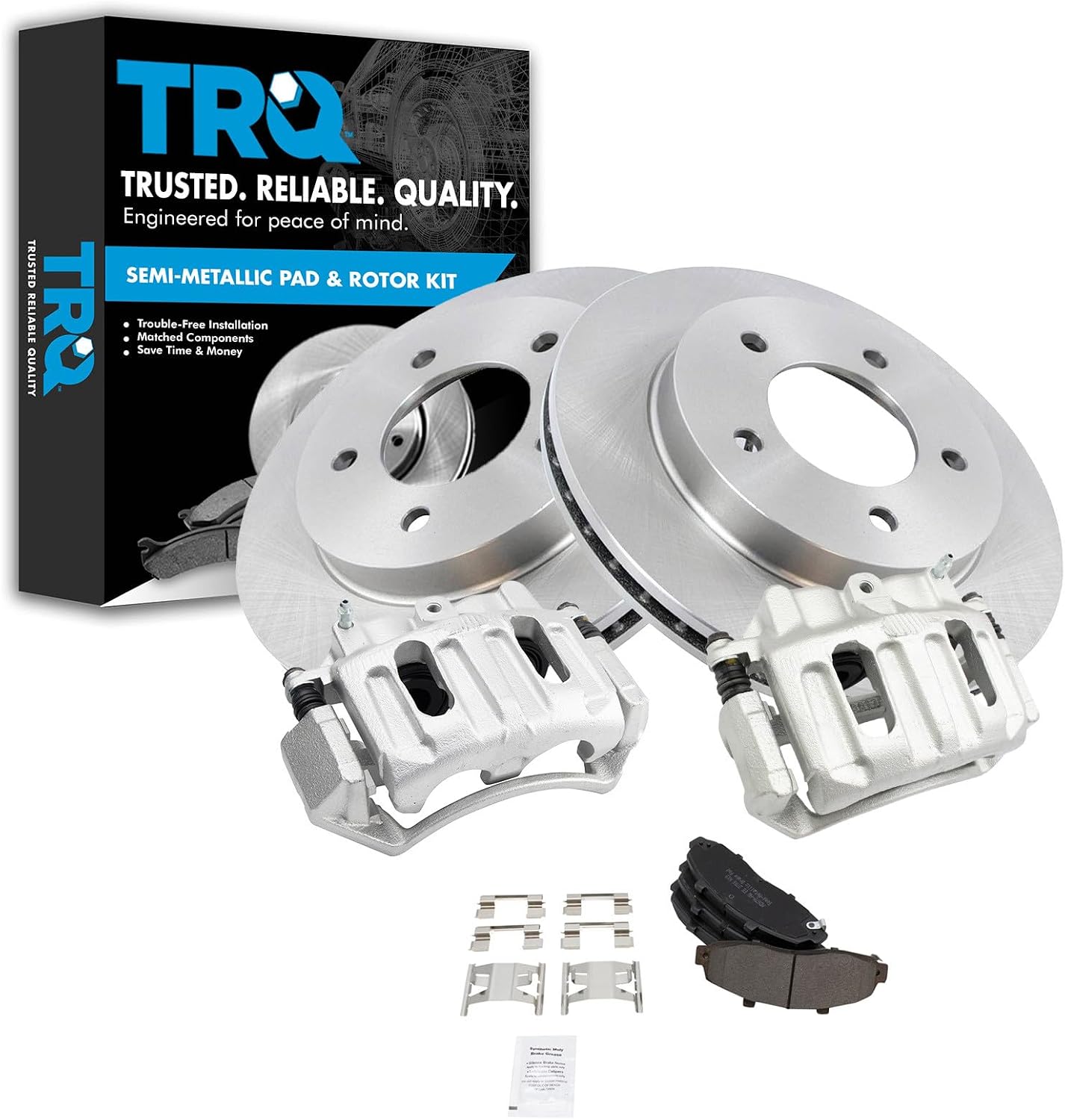 TRQ Front Brake Pad and Rotor Set Semi Metallic Vented Rotors Calipers Compatible with 1999-2003 Ford F-150 2004 F-150 Heritage