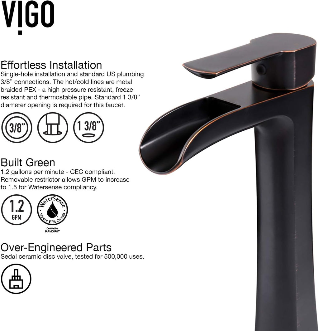 VIGO Niko Waterfall Single-Handle Single-Hole Mount Vessel Bathroom Sink Faucet, 11-Inch, Antique Rubbed Bronze, Modern Design, Solid Brass, 1.2 GPM WaterSense & Ceramic Disc Valve - VG03024ARB2