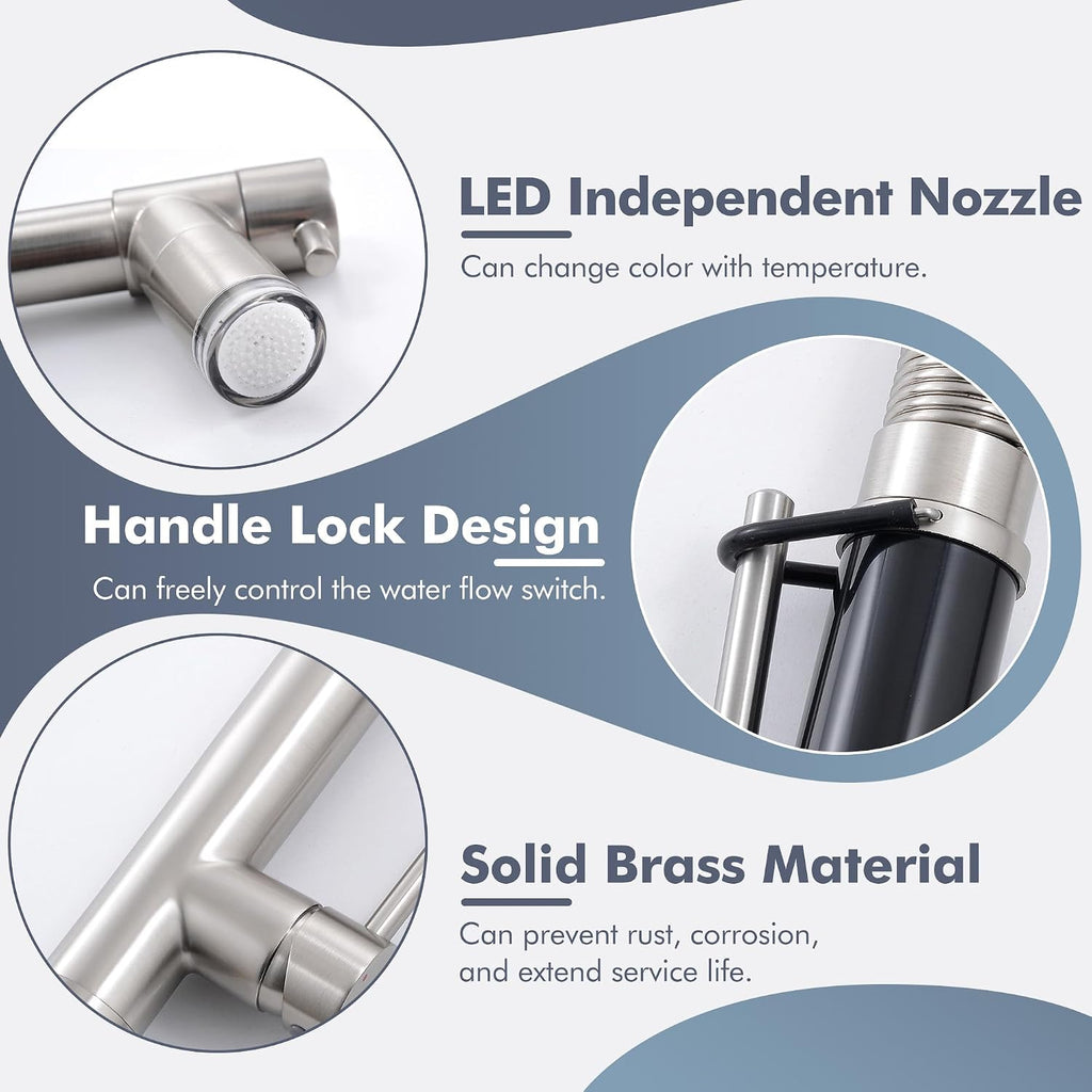 GIMILI Commercial Dual-Spout Kitchen Sink Faucet with Pull Down Sprayer Brushed Nickel LED Kitchen Faucet