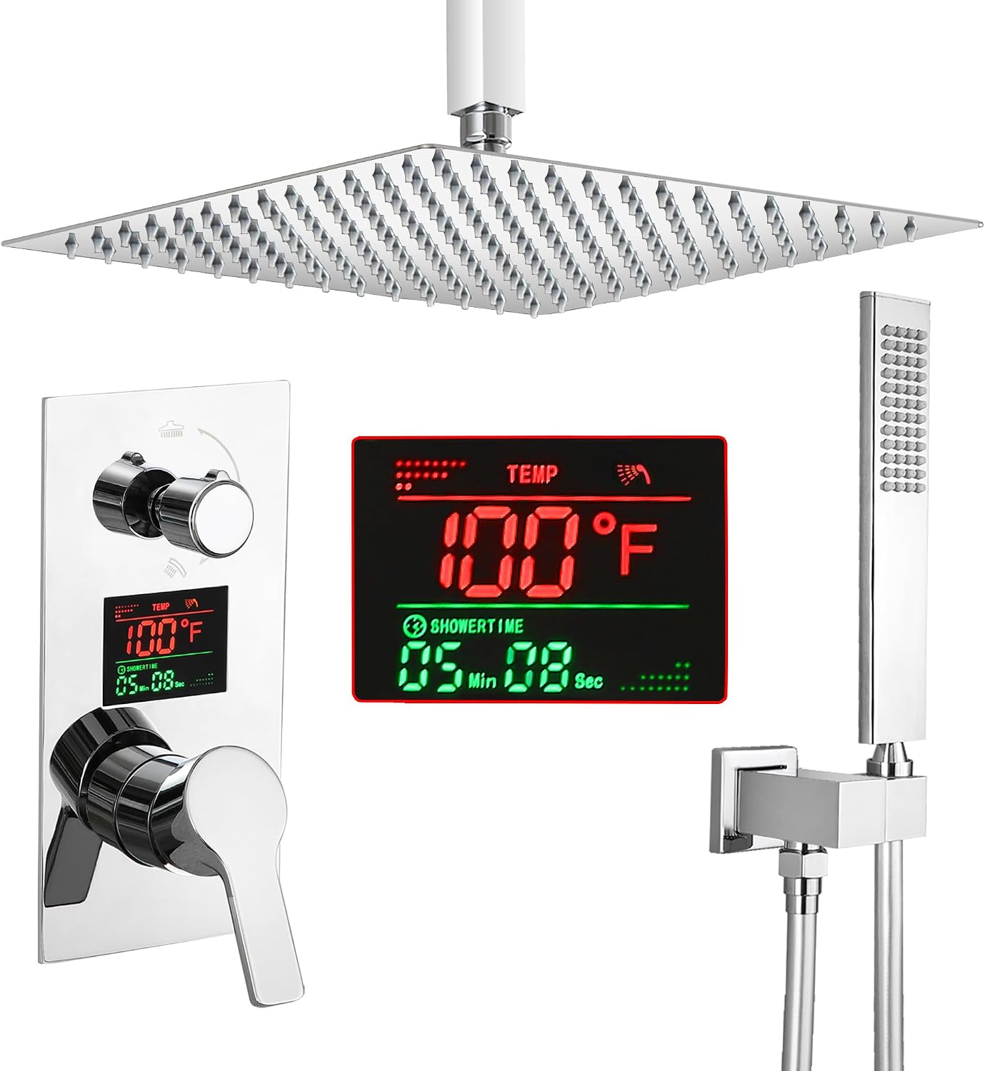 SKWOLL Shower Faucets Sets Complete Polished Chrome, 12 Inch Rainfall Shower Head with Handheld, 2 Function Ceiling Mount Shower Head System with Digital Display Shower Valve Kit
