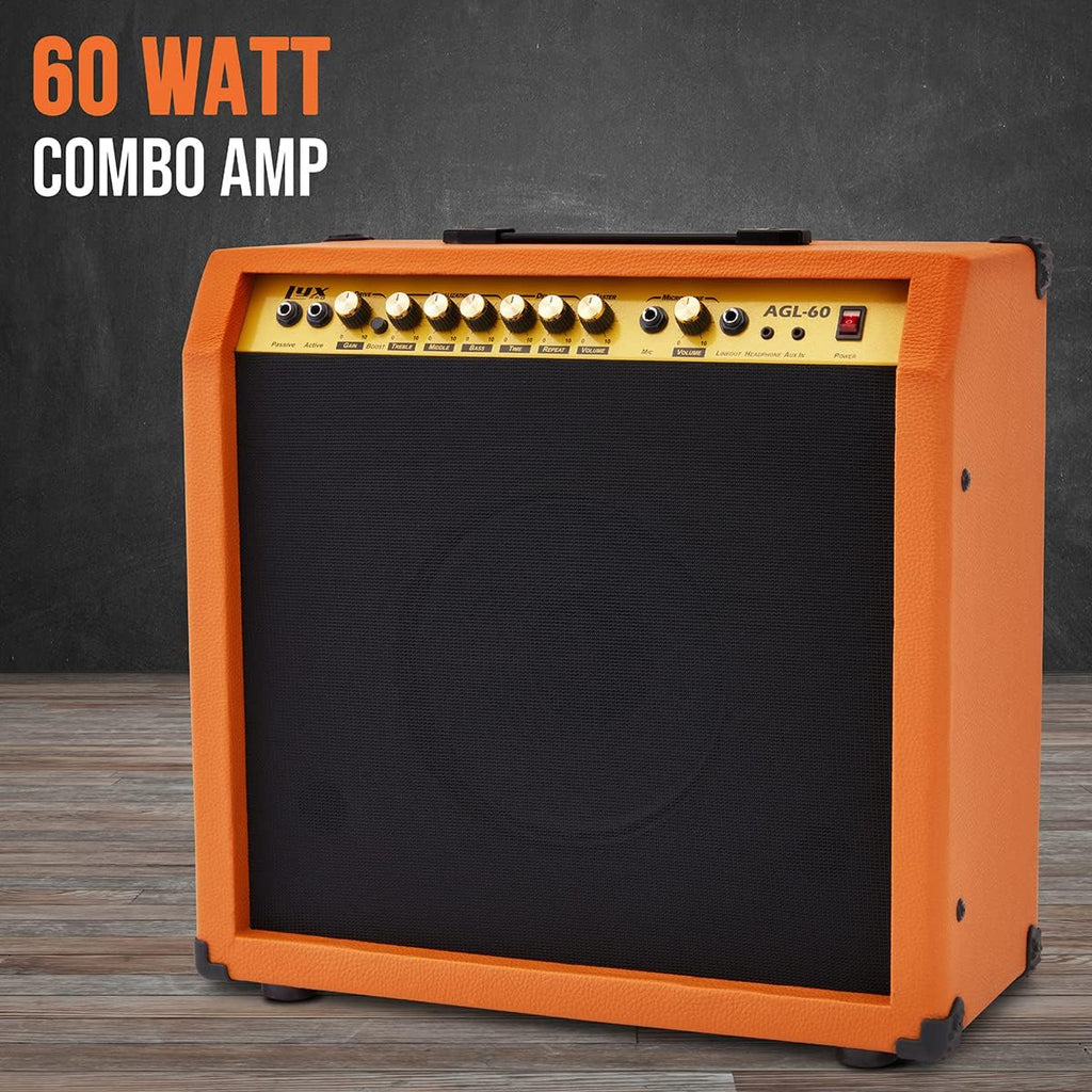 LyxPro 60 Watt Electric Guitar Amplifier, Combo Solid State Studio & Stage Amp with 10' 4-Ohm Speaker, Custom EQ Controls, Drive, Delay, ¼' Passive/Active/Mic Inputs, Aux In & Headphone Jack-Mahogany