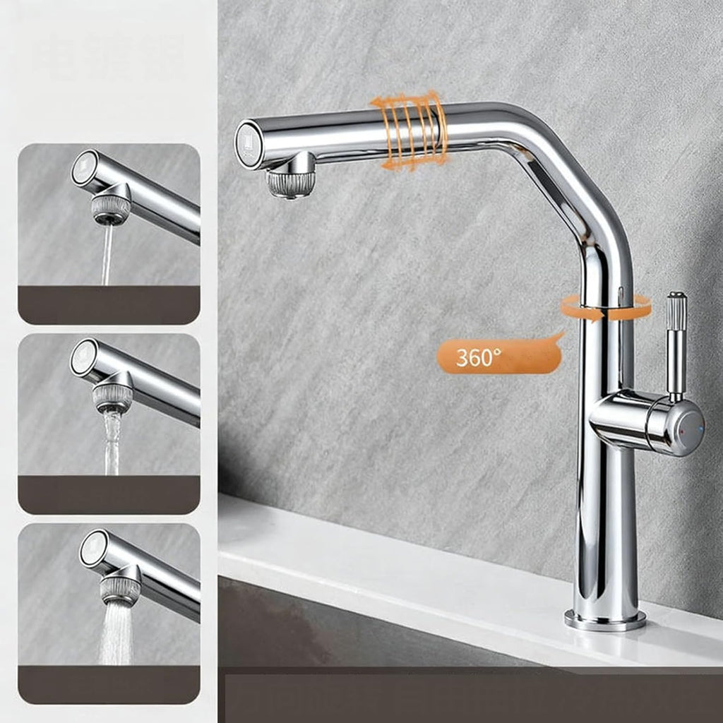3 Way Pull Out Kitchen Faucet Brass 360° Swivel Single Handle 3 Way Filter Faucet for Kitchen Sink-Chrome Plated