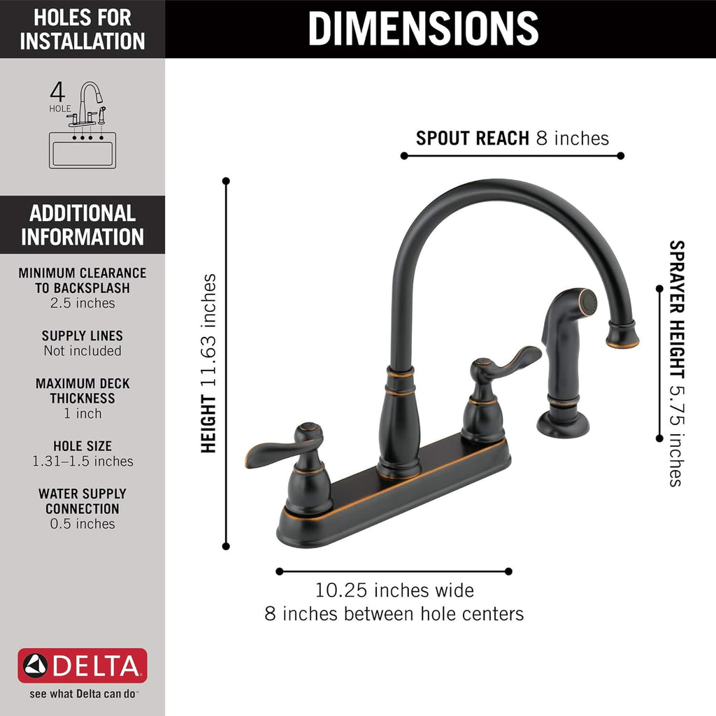 Delta Windemere Oil Rubbed Bronze Kitchen Faucet with Side Sprayer, Traditional 4 Hole Kitchen Sink Faucet, Two-Handle, Oil Rubbed Bronze 21996LF-OB