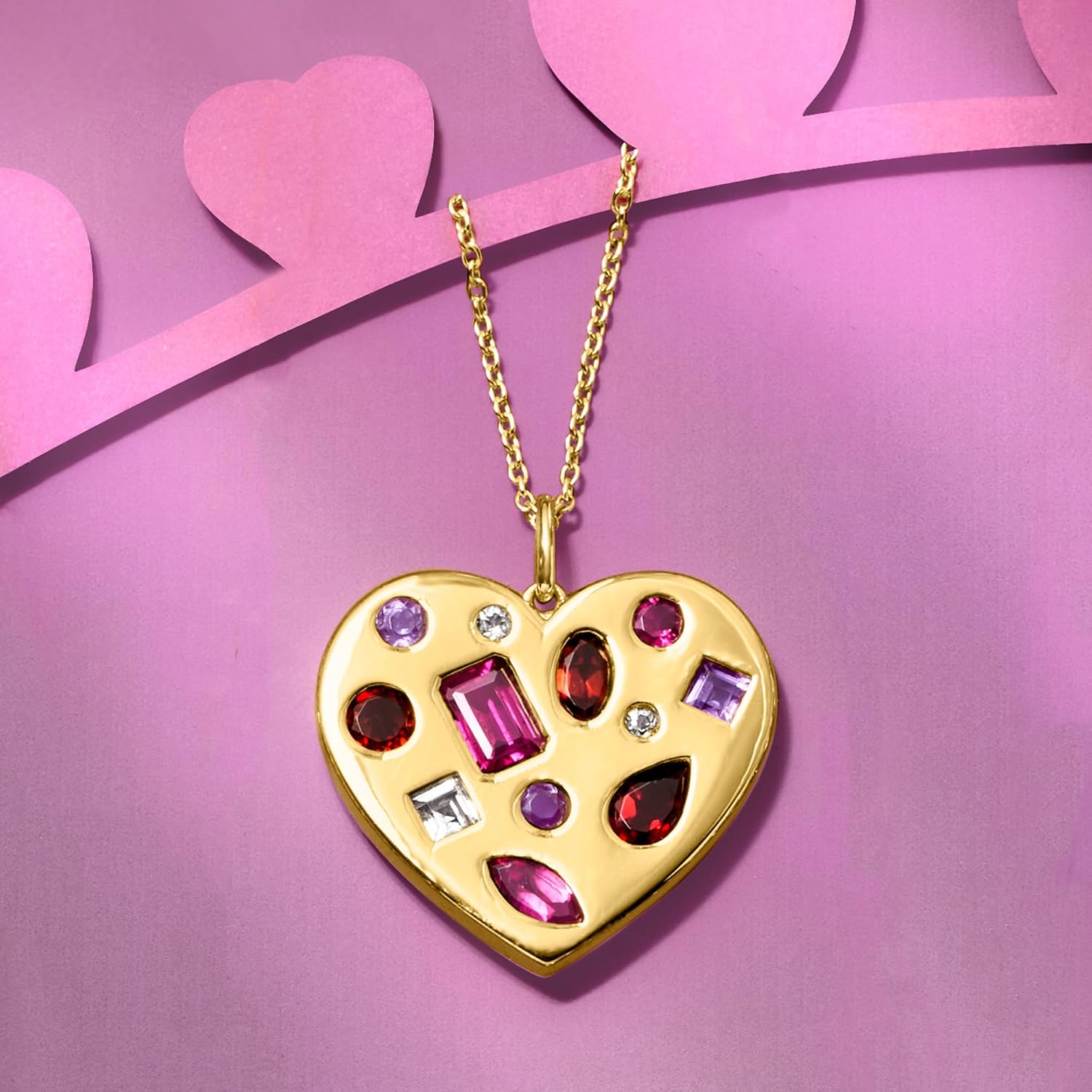 Ross-Simons 3.10 ct. t.w. Multi-Gemstone Heart Pendant Necklace in 18kt Gold Over Sterling. 18 inches