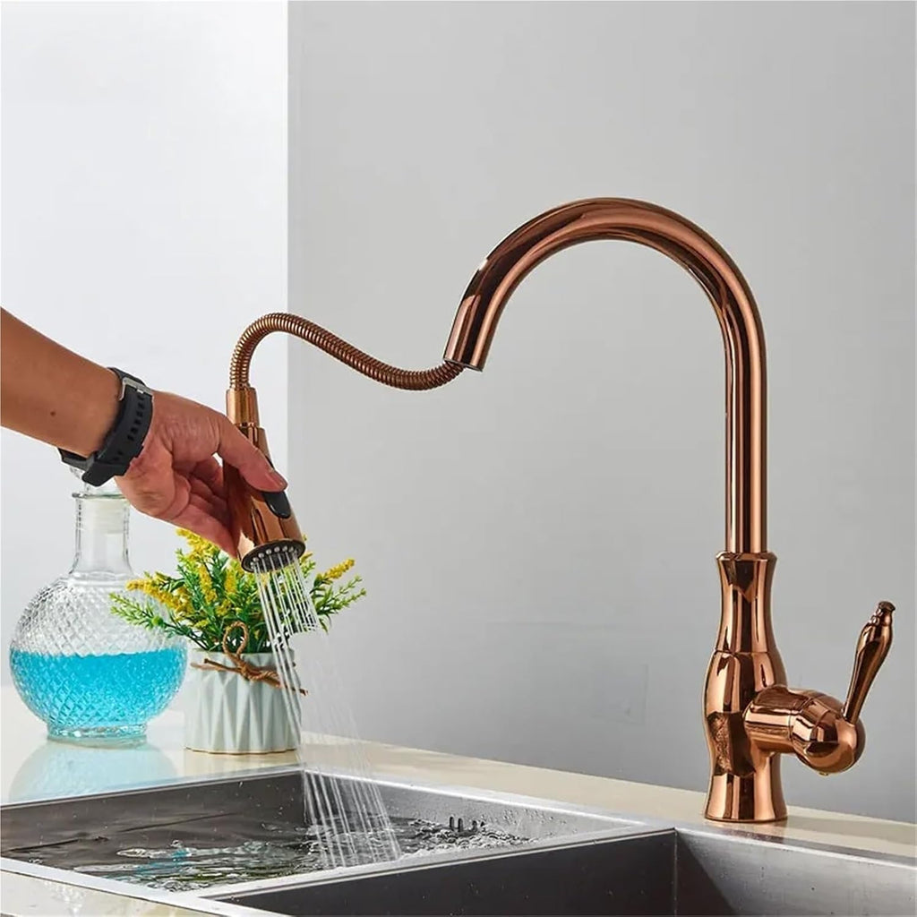 Kitchen Faucets Pull Out Kitchen Sink Mixer Tap Single Lever Hot Cold Water Mixer Tap(Rose Gold)
