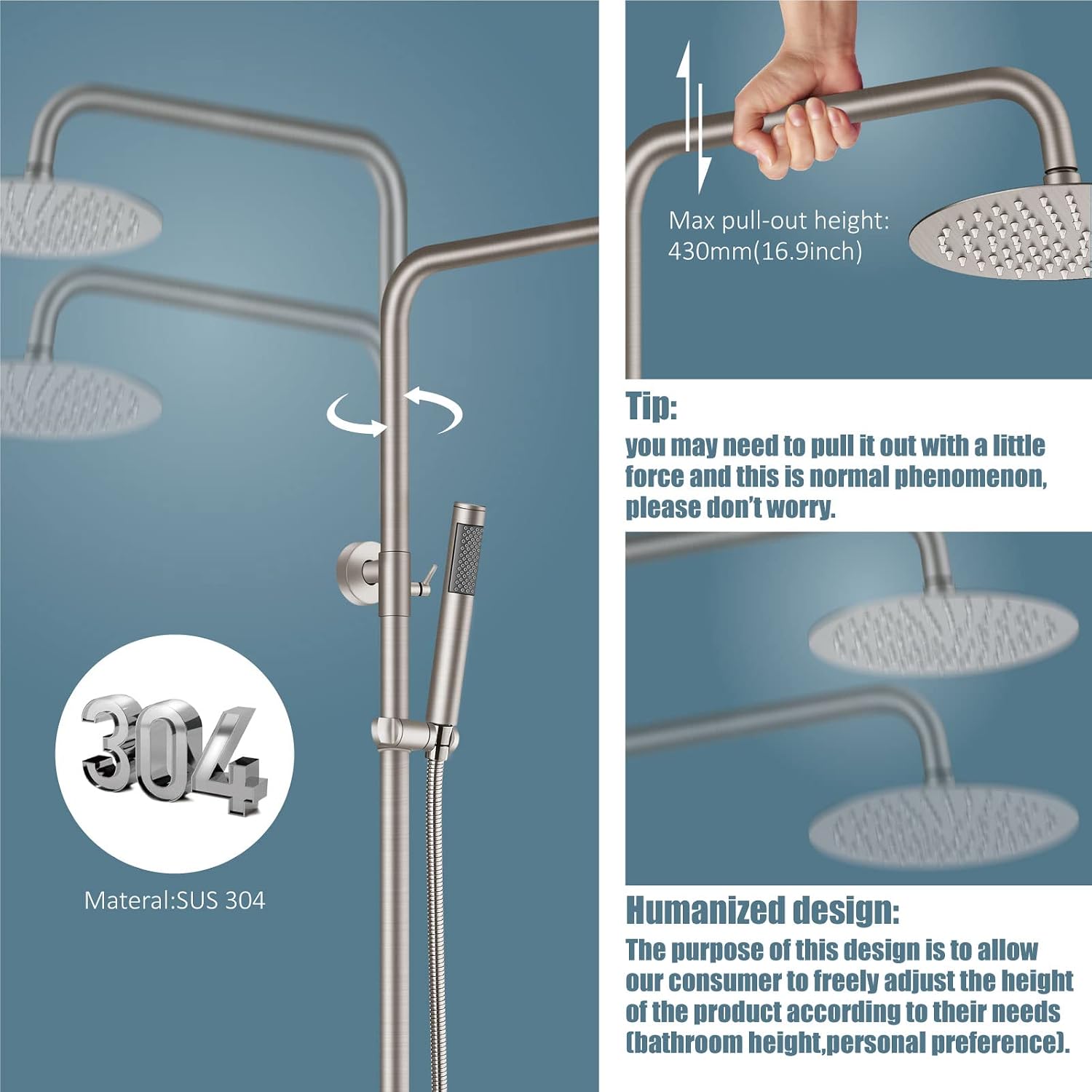 Aolemi Outdoor Shower Fixture SUS304 Triple Function Brushed Nickel Wall Mounted Stainless Steel Shower Faucet System Set with Hand Spray,8' Rain Shower Head