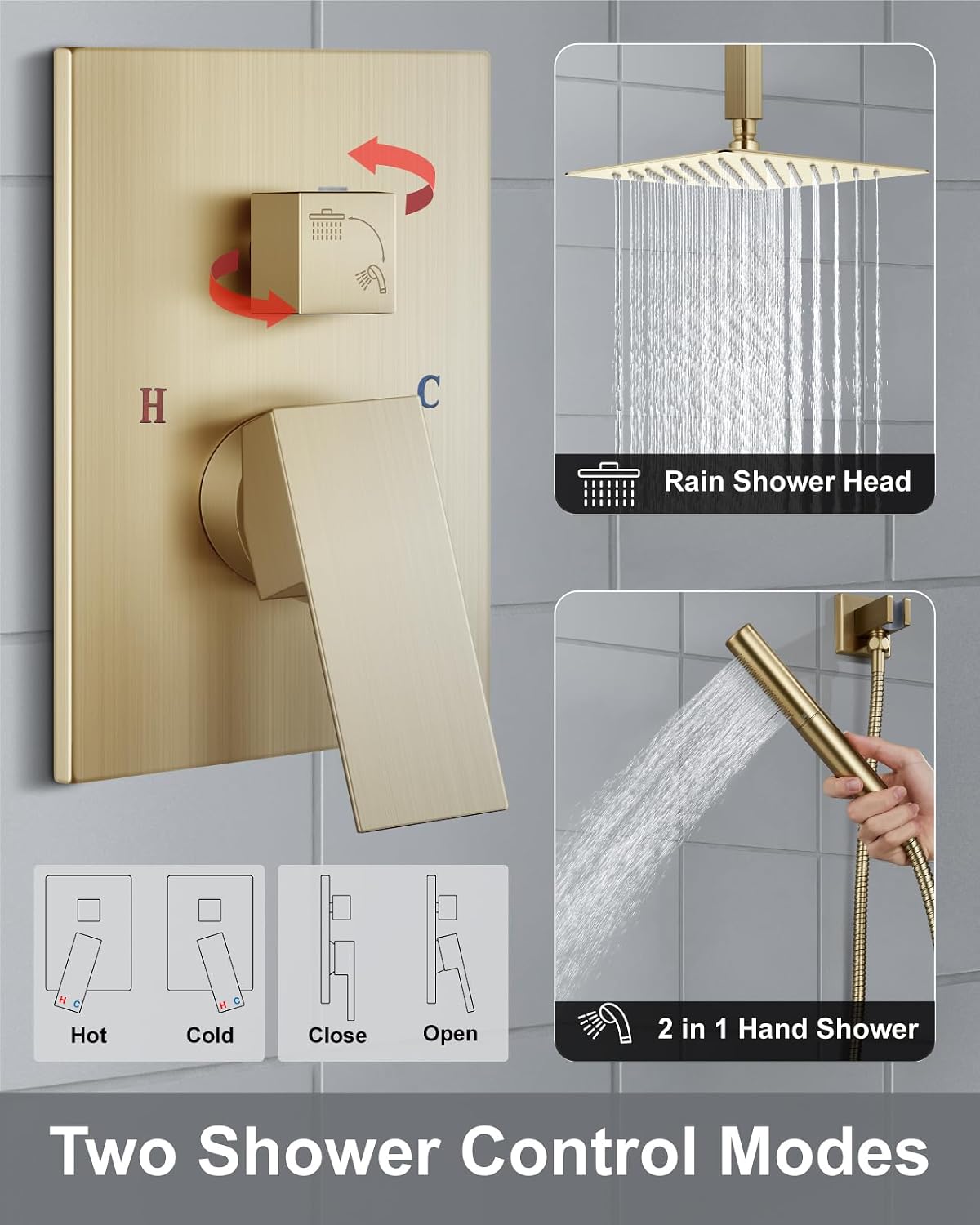 Aolemi Ceiling Mount Shower Faucet Set,Shower System Rain Showerhead and Handheld Spray Combo High-Pressure Showerheads Set with Valve and Trim Kit Rough-in Valve,12 Inch Brushed Gold