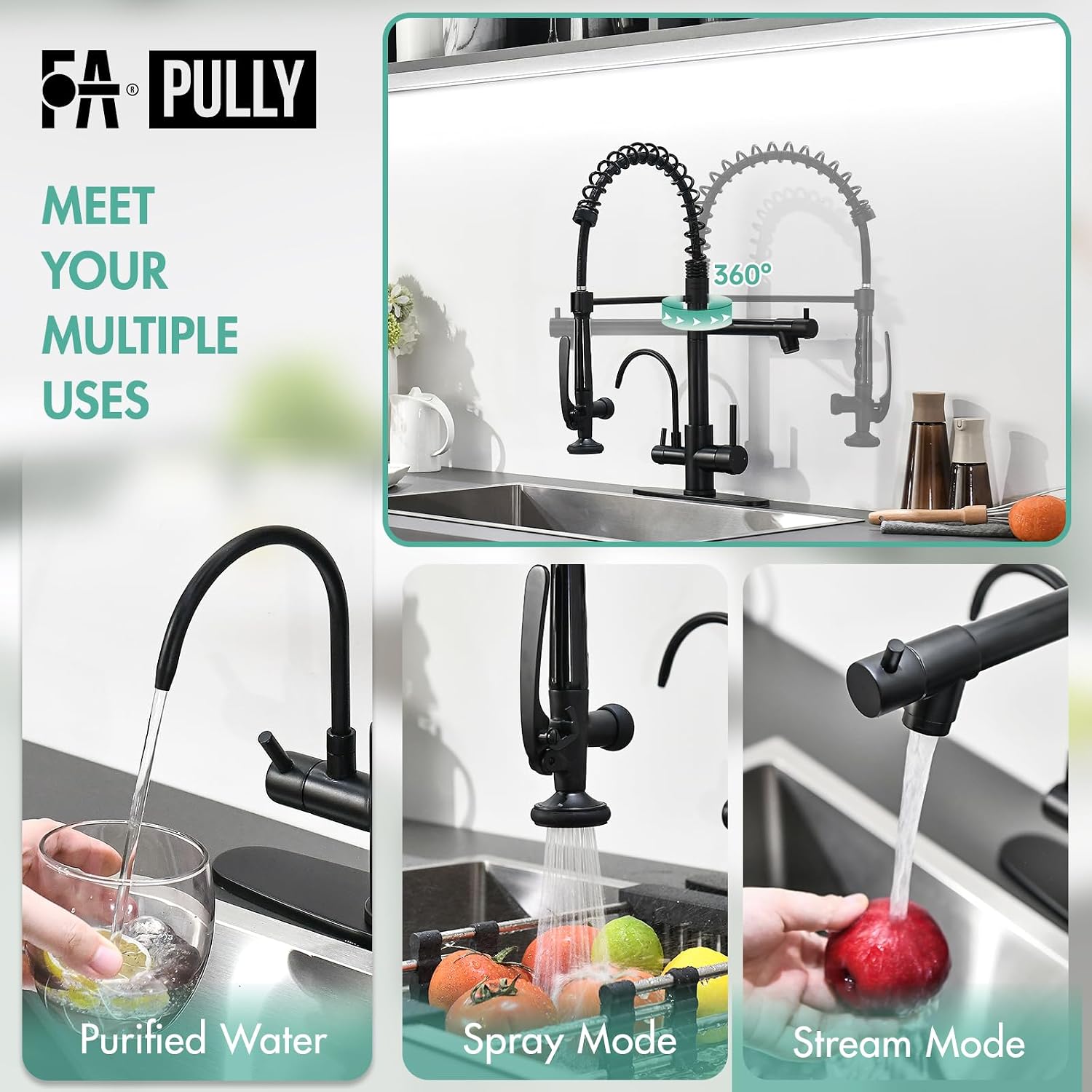 Fapully Commercial Kitchen Faucet with Pull Down Sprayer and Water Filter, Matte Black 3 in 1 Kitchen Faucets with Drinking Water Faucet