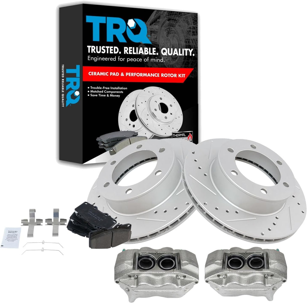 TRQ Performance Front Brake Pad and Rotor Set Ceramic Vented Coated Rotors Calipers Compatible with 2004 Toyota Tacoma