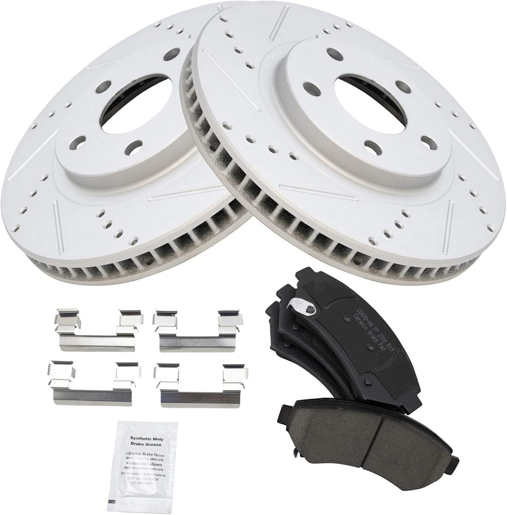 TRQ Performance Front Brake Pad & Rotor Set Ceramic Coated Drilled Rotors Compatible with 97-05 Buick LeSabre Riviera Cadillac DeVille Eldorado Seville 00-05 Chevrolet Impala 00-04 Pontiac Bonneville