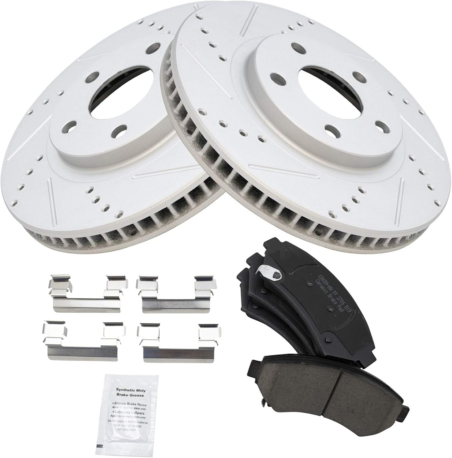 TRQ Performance Front Brake Pad & Rotor Set Ceramic Coated Drilled Rotors Compatible with 97-05 Buick LeSabre Riviera Cadillac DeVille Eldorado Seville 00-05 Chevrolet Impala 00-04 Pontiac Bonneville