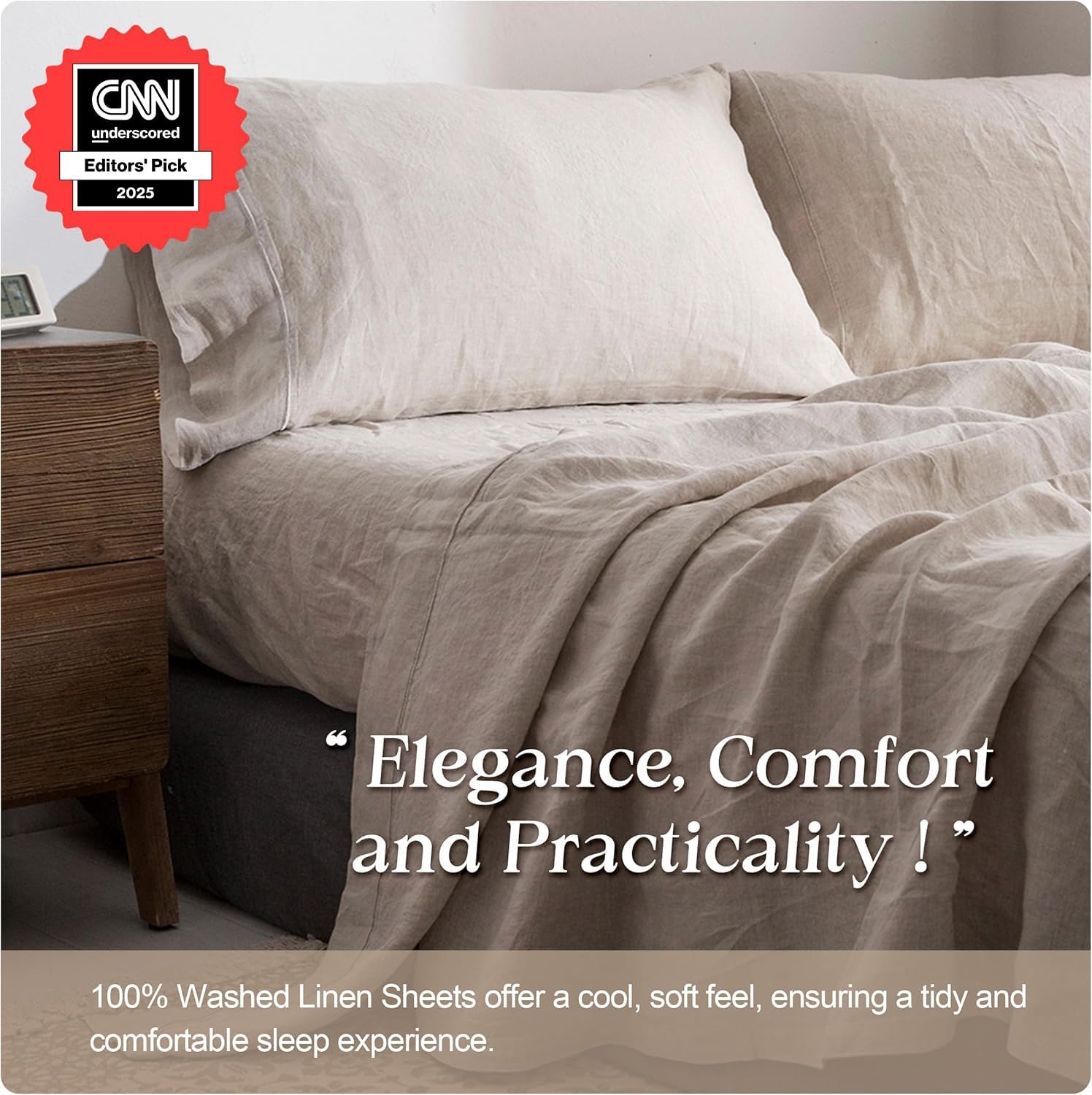 Simple&Opulence 100% Pure Linen Sheet Set Queen Size, Natural French Flax Solid Color 4 Pcs Washed Breathable, Farmhouse Bedding (1 Flat Sheet,1 Fitted Sheet,2 Pillowcases)-Embroidery Linen