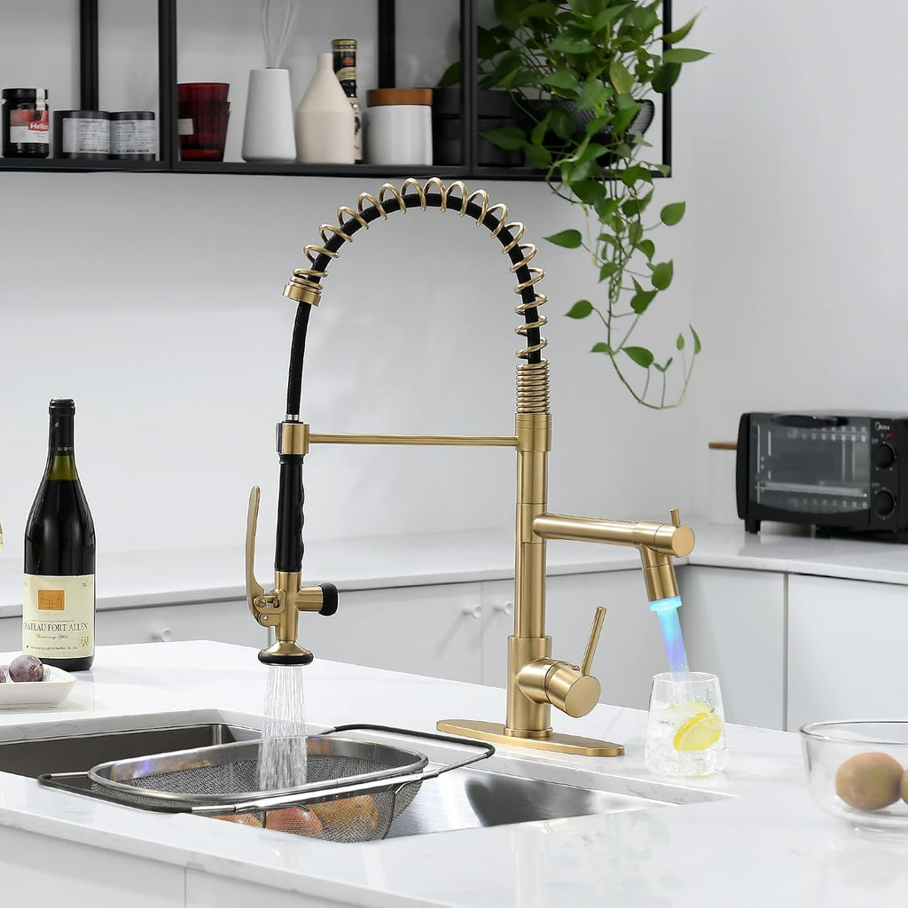 Fapully LED Kitchen Faucet with Pull Down Sprayer,Brushed Gold Commercial Kitchen Sink Faucet with Deck Plate