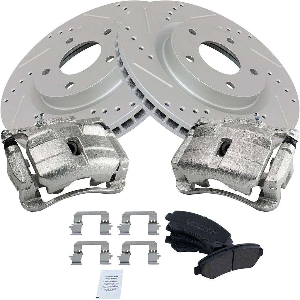 TRQ Performance Front Brake Pad and Rotor Set Ceramic Coated Drilled Slotted Vented Rotors Calipers Compatible with 2008-2013 Nissan Rogue 2014-2015 Rogue Select