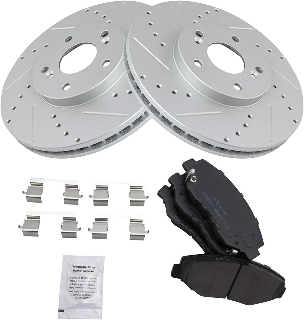 TRQ Performance Front Brake Pad and Rotor Set Ceramic Coated Drilled Slotted Vented Rotors Compatible with 2003-2008 Honda Pilot 2005 Accord