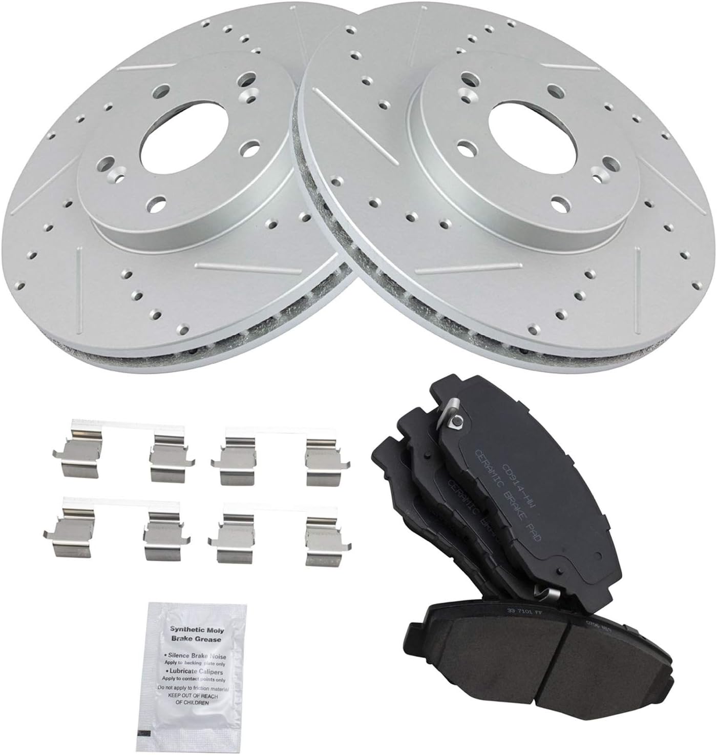 TRQ Performance Front Brake Pad and Rotor Set Ceramic Coated Drilled Slotted Vented Rotors Compatible with 2003-2008 Honda Pilot 2005 Accord