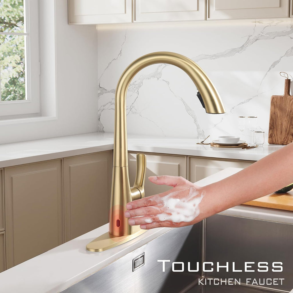 Touchless Kitchen Faucet with Pull Down Sprayer, Brushed Gold Motion Sensor Kitchen Faucet, Stainless Steel Hands Free Faucet for Kitchen Sink 1 or 3 Hole