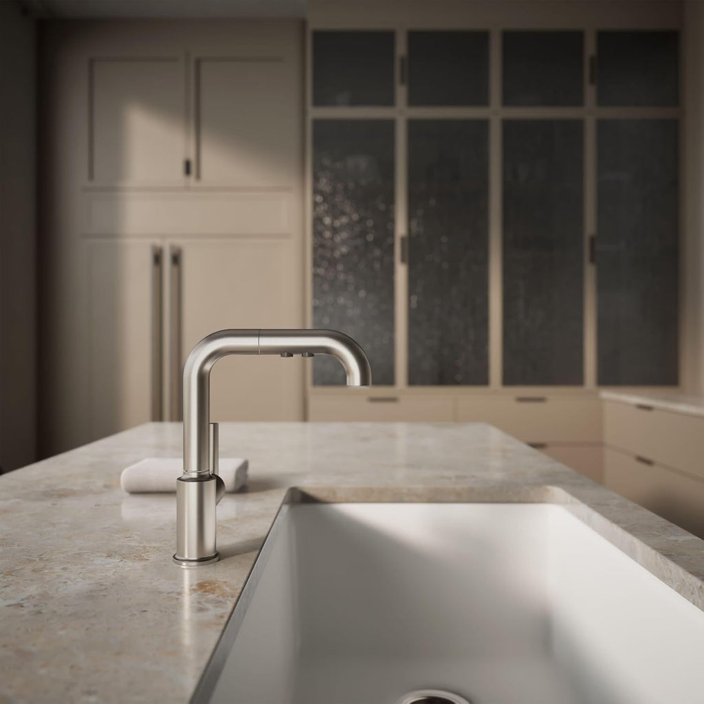 KOHLER Purist Pull-out kitchen sink faucet with three-function sprayhead