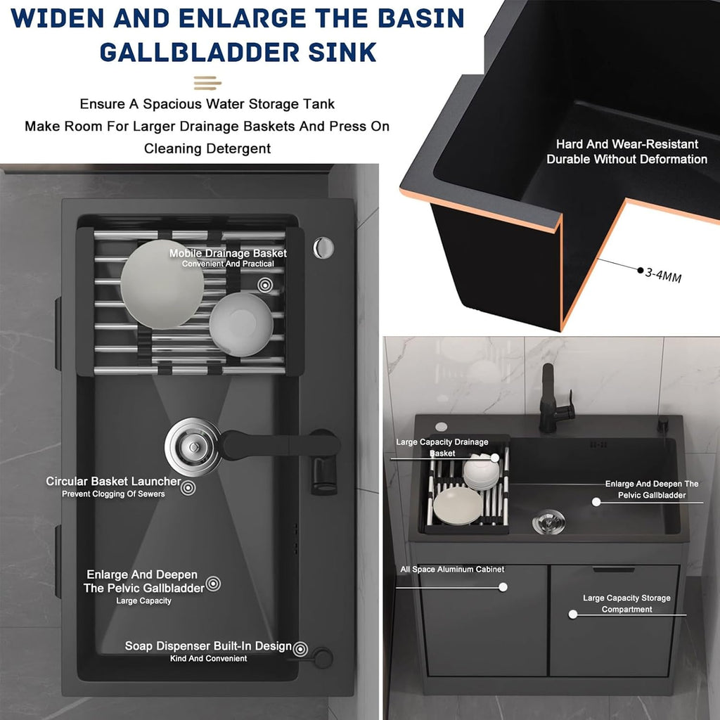 31.4' Black Laundry Utility Cabinet with Stainless Steel Sink and Cold and Hot Water Faucet, Laundry Room Sink Suitable for Kitchens, Toilets and Bathrooms, Standalone Kitchen Sink Kit, Laundry Sink