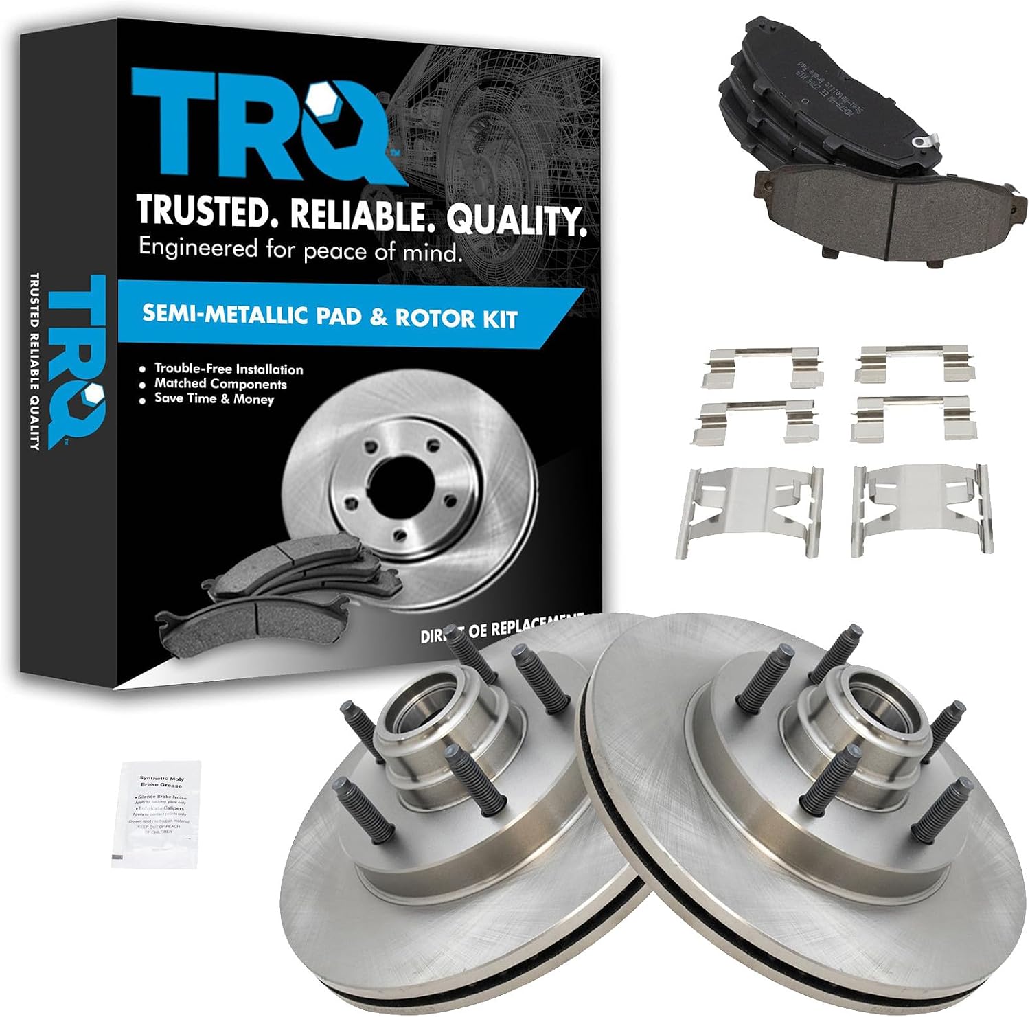 TRQ Front Brake Pad and Rotor Set Semi Metallic Rotors Compatible with 2000-2003 Ford F-150 2004 F-150 Heritage 2002 Lincoln Blackwood